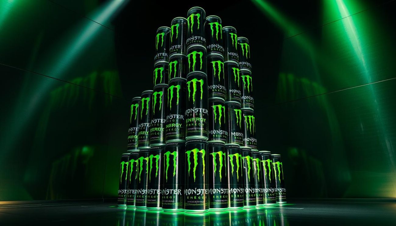 A towering stack of Monster Energy drink cans, bathed in a vibrant green glow and dynamic lighting that casts dynamic shadows, stands prominently against a sleek, metallic backdrop. The cans are neatly arranged, showcasing the iconic Monster Energy logo in high detail. The scene exudes a sense of power, energy, and wholesale abundance, perfectly capturing the "Monster Energy al por mayor" concept. The overall composition is visually striking, drawing the viewer's attention to the product's impressive scale and availability.