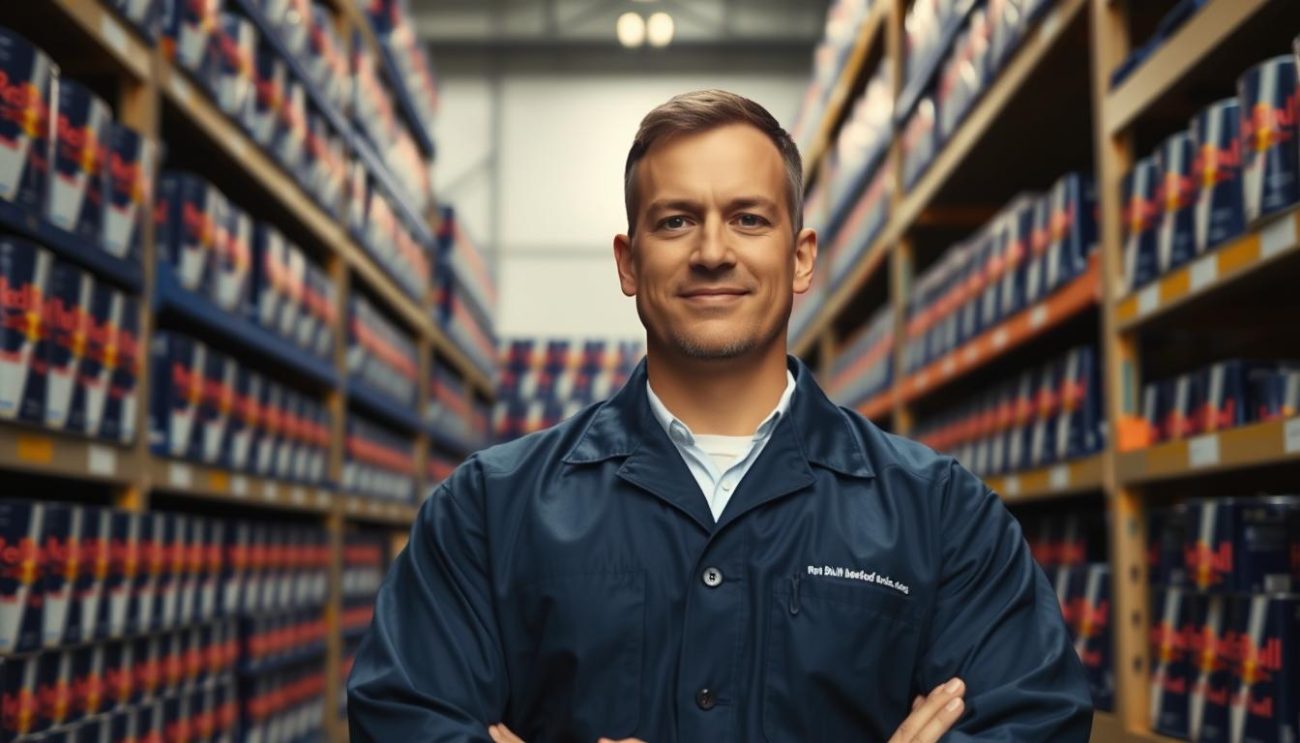 A trusted Red Bull wholesaler standing proudly in a well-lit, modern warehouse. The shelves behind them are neatly stocked with dozens of Red Bull crates, conveying a sense of reliable supply and abundance. The wholesaler is dressed in a crisp, professional uniform, their face radiating confidence and trustworthiness. The lighting is soft and even, casting a warm glow that enhances the overall atmosphere of competence and dependability. The camera angle is at eye level, creating a direct, engaging connection between the viewer and the subject. The background is slightly blurred, keeping the focus firmly on the central figure and the Red Bull inventory.