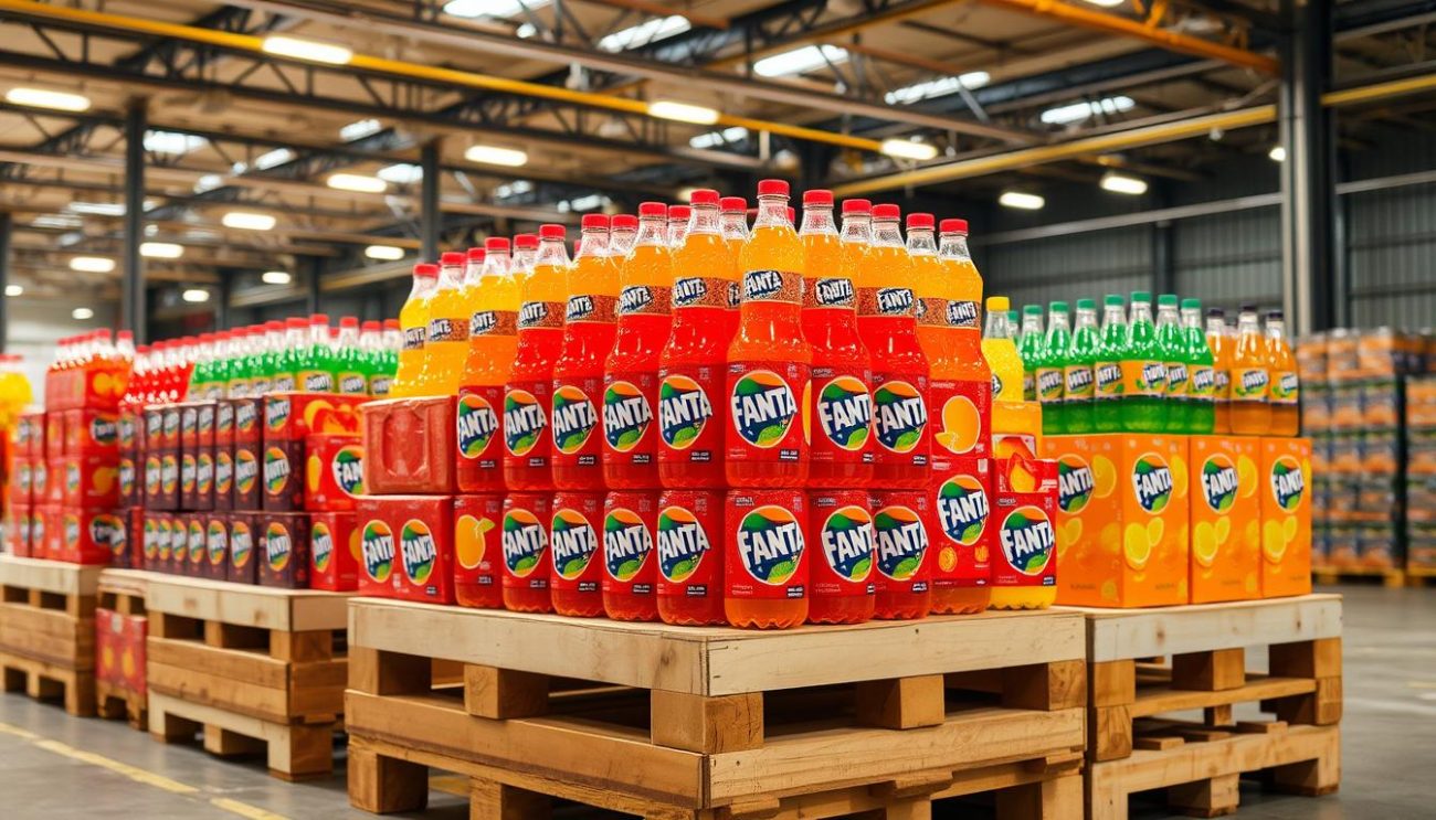 A variety of Fanta soda flavors sit atop sturdy wooden pallets, ready to be shipped out from a well-lit industrial warehouse. The vibrant hues of orange, raspberry, and lemon bottles create a visually appealing display, complemented by the warm glow of overhead lighting casting soft shadows. Neatly stacked cases showcase the diverse product lineup, while the clean, organized layout suggests a professional, efficient distribution operation. The scene conveys a sense of anticipation, as these Fanta delights are poised to reach eager consumers across Europe.