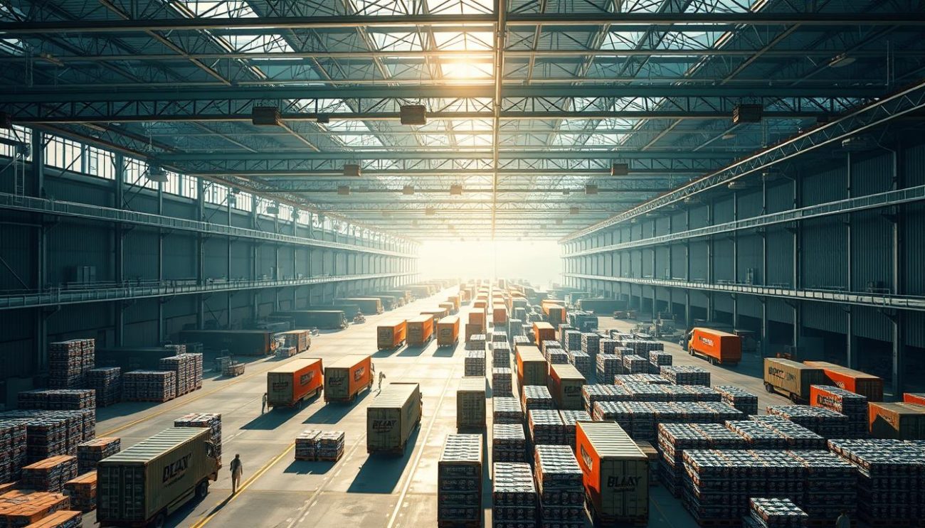 A vast, interconnected distribution network spanning the European continent, featuring a sprawling logistics hub with towering warehouses, criss-crossing transportation routes, and an intricate web of delivery trucks and cargo containers. Sunlight streams through the windows, casting a warm glow over the bustling scene as workers efficiently load pallets of Black Energy Drink onto waiting vehicles, ready to be distributed to retailers across the region. The scene conveys a sense of scale, efficiency, and the sheer magnitude of the distribution capabilities powering the Black Energy Drink brand's presence throughout Europe.