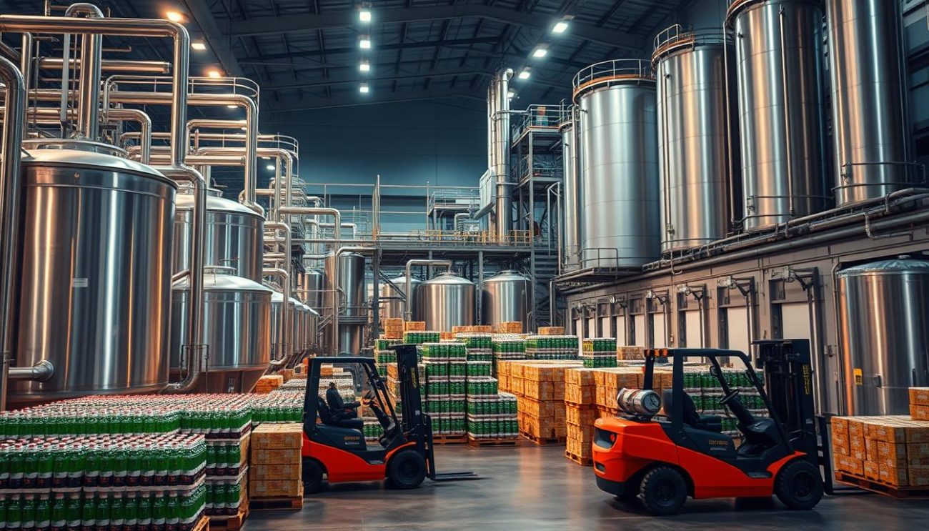A vast, modern beverage manufacturing facility nestled in the heart of Europe. Rows of gleaming stainless steel tanks and pipes, illuminated by warm overhead lighting, stand ready to transform raw ingredients into the finest energy drinks. In the foreground, forklifts carefully maneuver pallets of filled bottles, preparing them for distribution to eager customers across the continent. The facility's facade features sleek, contemporary architecture, conveying a sense of efficiency and technological prowess. Towering silos and immaculate loading docks in the background suggest a well-oiled, high-capacity operation, capable of meeting the growing demand for these in-demand beverages.