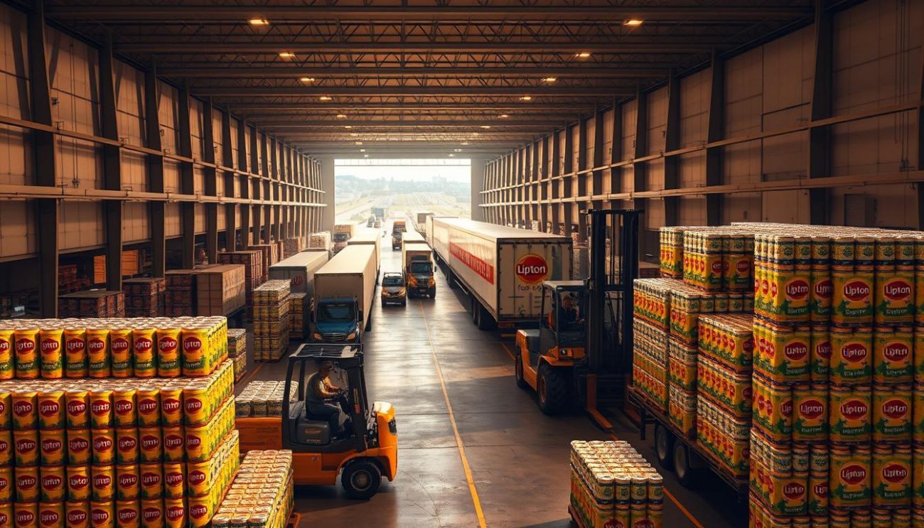 A vast, modern warehouse bustles with activity as forklifts transport stacks of Lipton Ice Tea cans onto waiting delivery trucks. The scene is bathed in warm, directional lighting, casting dramatic shadows and highlighting the sleek, streamlined design of the vehicles. In the foreground, employees meticulously arrange the cans, ensuring each pallet is secured and ready for its journey. The middle ground showcases the efficiency of the distribution network, with a steady flow of trucks departing the facility. In the background, a network of highways and roads suggests the reach and reliability of this beverage delivery system. The overall atmosphere conveys a sense of industrious professionalism, reflecting the trust and dependability that the Lipton brand has earned.