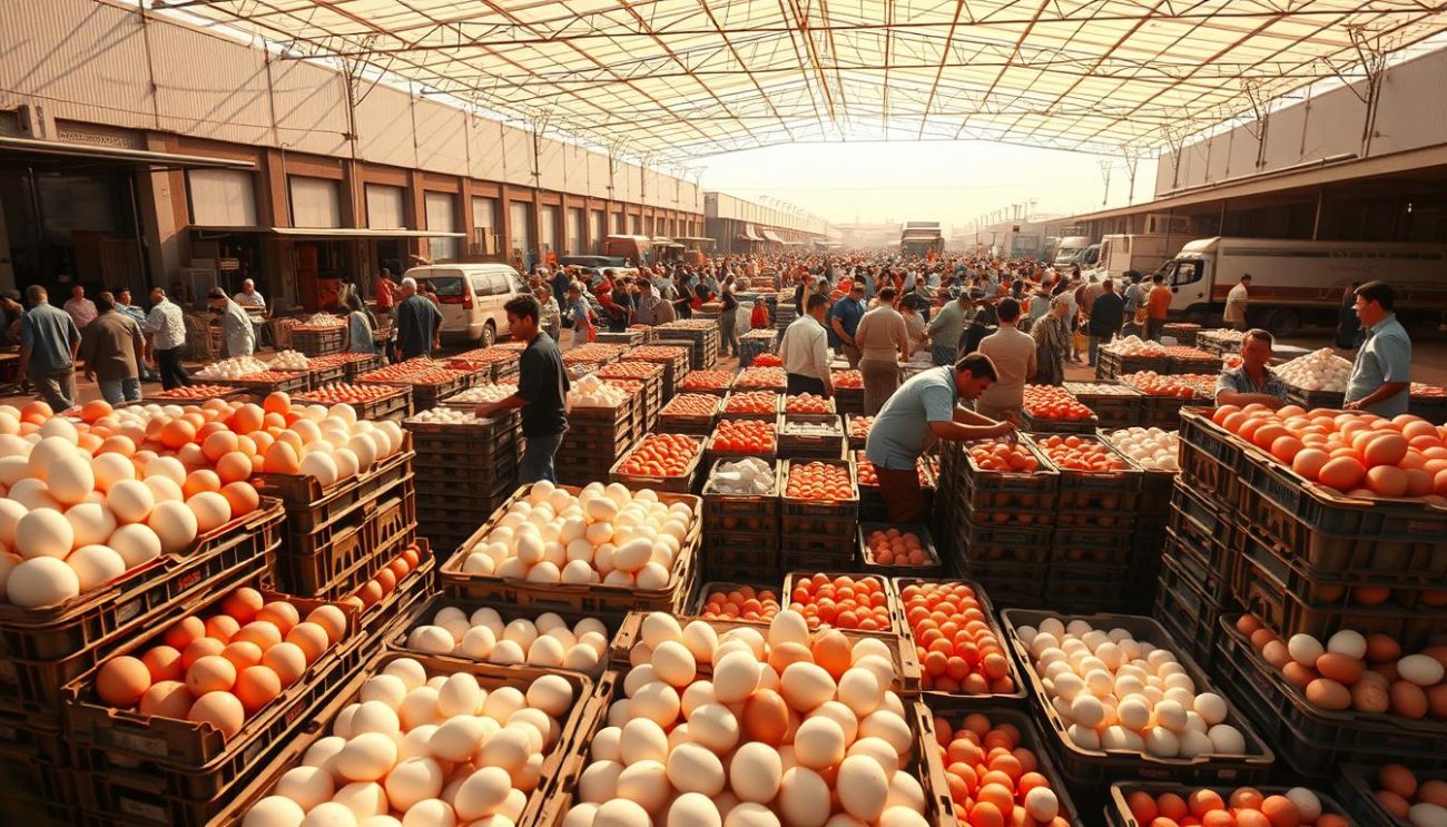 A vast, sun-drenched wholesale egg market, bustling with activity. In the foreground, crates of fresh, unblemished white and red eggs are being carefully stacked and arranged by hardworking vendors. The middle ground reveals a sea of shoppers, negotiating prices and exchanging goods in a lively, yet organized fashion. In the background, towering warehouse structures and delivery trucks suggest the scale and efficiency of this wholesale operation. Warm, golden light filters through the open-air market, casting a inviting glow and highlighting the quality of the produce on display. The scene conveys the advantages of bulk purchasing - access to a wide variety of high-quality eggs at competitive wholesale prices, all within a thriving, professional supply chain.