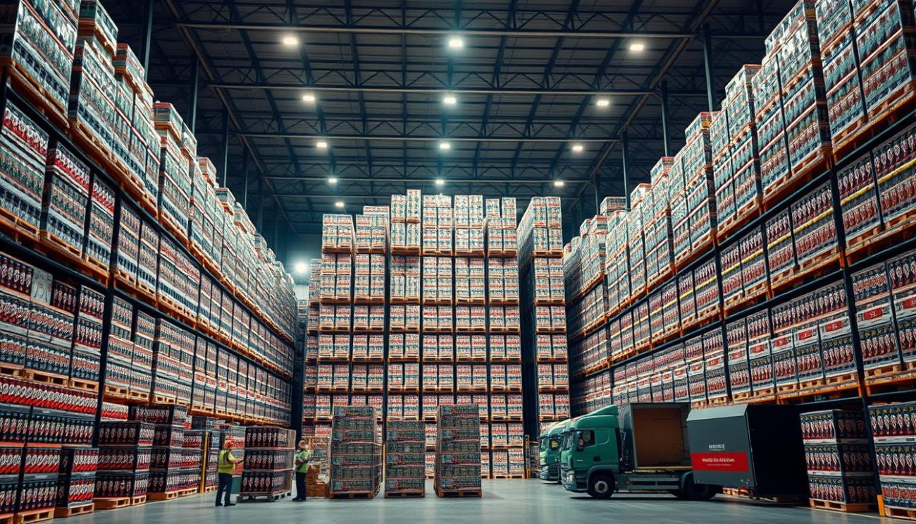 A vast warehouse filled with stacks of energy drink cases, showcasing the scale and efficiency of our bulk ordering and distribution process. The foreground features a team of workers meticulously arranging and loading the pallets onto a fleet of delivery trucks, their coordinated movements like a well-oiled machine. The middle ground reveals towering shelves, each shelf brimming with neatly organized cases, a testament to our robust inventory management. In the background, the warehouse's high ceilings and clean, modern design create a sense of professionalism and attention to detail. Warm, directional lighting casts a subtle glow, highlighting the pristine packaging and the hustle of the logistics operation. The overall atmosphere conveys a partnership of reliability, efficiency, and unwavering commitment to delivering the best wholesale experience.