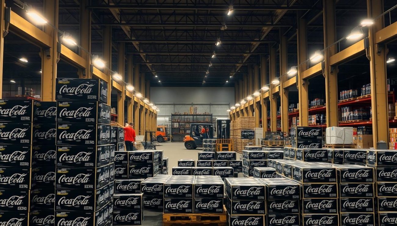 A vast warehouse interior, dimly lit by warm overhead lighting. In the foreground, towering stacks of Coca-Cola Zero cases are neatly arranged, ready for shipment. Forklifts and workers in the background carefully load the bulky packages onto waiting trucks, as a sense of efficiency and organization pervades the scene. The middle ground features carefully organized pallets, their uniform branding and packaging creating a visually striking display. The background is filled with the hustle and bustle of a well-oiled distribution operation, with shelves, loading docks, and the occasional glimpse of a company logo. An atmosphere of strategic partnership and reliable wholesale supply radiates throughout the image.