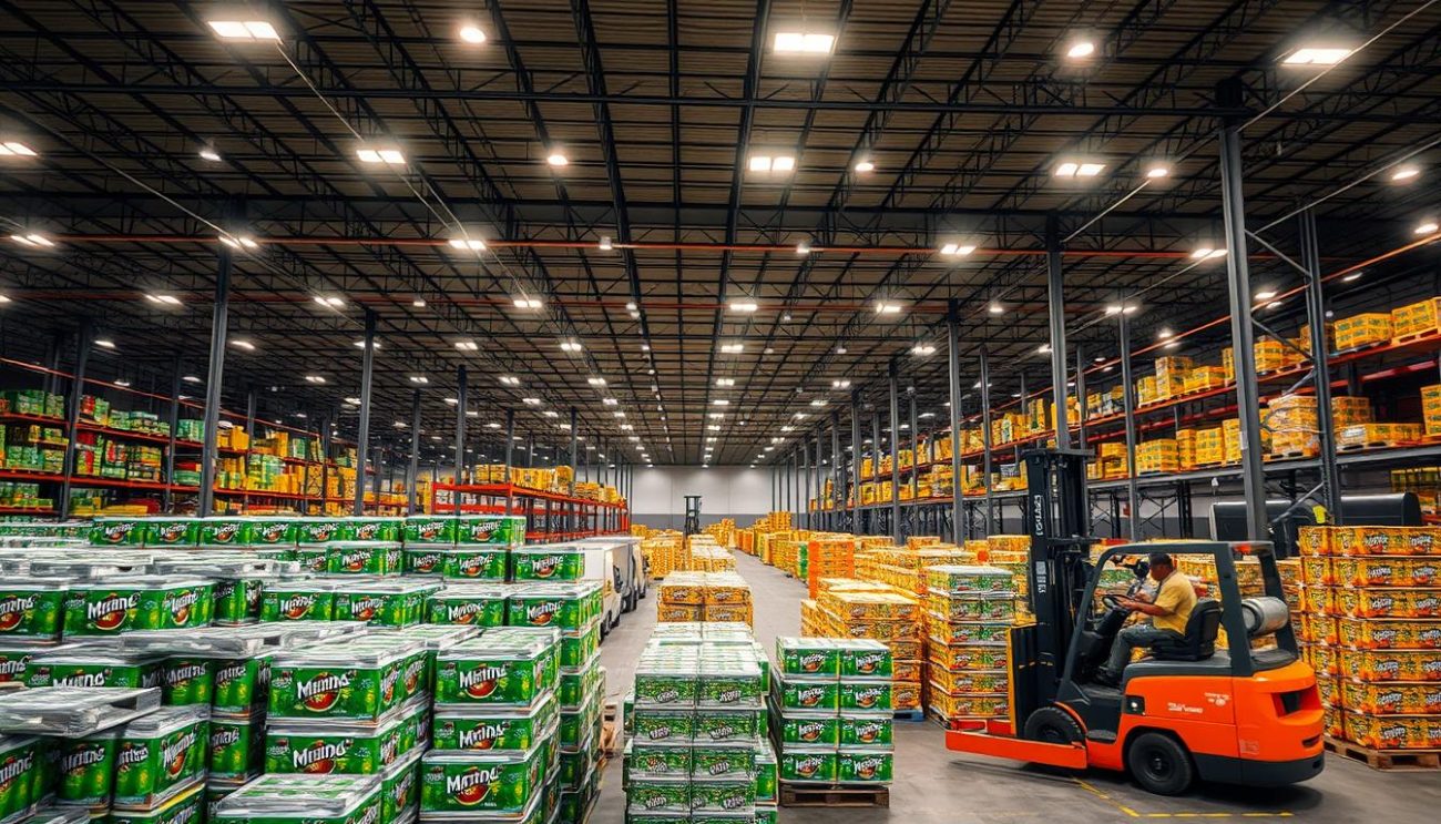 A vast warehouse interior, its high ceilings dotted with industrial lighting. In the foreground, pallets stacked high with cases of Mirinda soda bottles, ready for distribution. Forklifts efficiently move the goods, their maneuvering captured in a blur of motion. The middle ground showcases a network of shelves and racking, organizing the inventory for seamless B2B supply. In the background, an array of loading docks, their doors open to reveal a fleet of delivery trucks, poised to transport the Mirinda beverages to their destinations across Europe. The scene conveys a sense of organized chaos, a well-oiled machine of wholesale distribution.