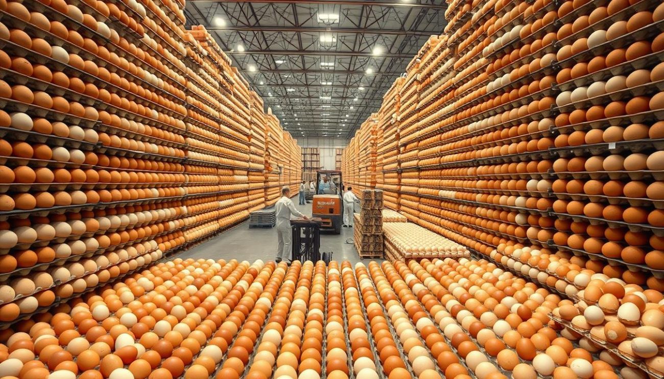 A vast, well-lit warehouse interior filled with towering stacks of large brown and white eggs. The eggs are arranged in neat rows, their shells glistening under the warm, soft lighting. In the foreground, a few workers in clean uniforms inspect the eggs, ensuring their quality and freshness. The middle ground reveals a busy scene of forklifts and workers efficiently loading the eggs onto pallets and trucks, ready for wholesale distribution. The background shows the warehouse's high ceilings and expansive space, conveying a sense of scale and efficiency. The overall atmosphere is one of abundance, organization, and the promise of a reliable, high-quality wholesale egg supply.
