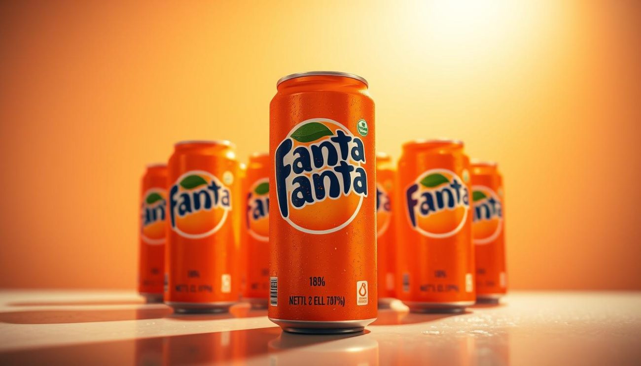 A vibrant and alluring display of Fanta cans, illuminated by warm, soft lighting that casts a inviting glow. The cans are arranged in an eye-catching, symmetrical pattern, their bold, vibrant orange hue popping against a clean, minimalist background. The cans appear to be freshly chilled, with a light condensation effect adding to the refreshing, thirst-quenching appeal. The overall composition exudes a sense of premium quality and sophistication, reflecting the iconic Fanta brand. The lighting and angles create a sense of depth, drawing the viewer's focus to the center of the frame where the Fanta cans are showcased in all their glory.