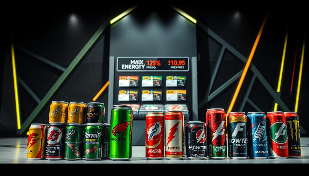 A vibrant and dynamic scene depicting competitive pricing in the energy drink industry. In the foreground, a stack of energy drink cans in various brands and flavors, arranged meticulously to showcase their distinct packaging and pricing. The middle ground features a sleek, modern display stand with price tags and promotional materials, hinting at the strategic placement and visibility of these products. In the background, a backdrop of bold, geometric shapes and patterns in shades of black, gray, and neon accents, creating a sense of energy and urgency. Dramatic, high-contrast lighting casts dramatic shadows, emphasizing the angular, futuristic design elements. The overall composition conveys a sense of fierce competition, strategic positioning, and the relentless pursuit of maximizing profit margins in the fast-paced energy drink market.
