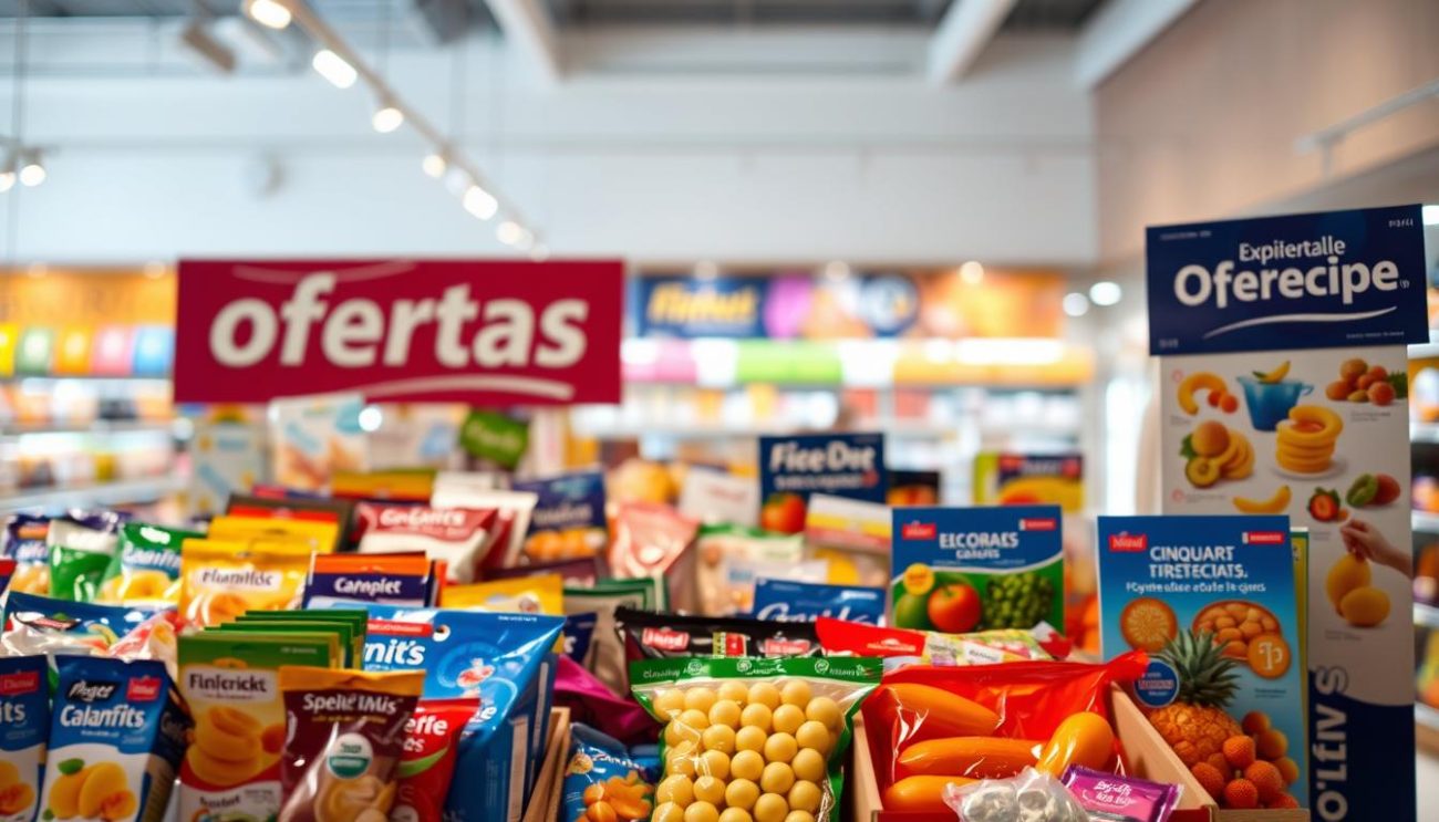 A vibrant and enticing display of "ofertas y promociones" set against a warm, inviting atmosphere. In the foreground, an array of colorful product packages and promotional materials catch the eye, expertly arranged to showcase the best deals and discounts. The middle ground features dynamic graphics and eye-catching signage, drawing the viewer's attention. In the background, a softly blurred setting of a modern retail space or supermarket, with clean lines and a touch of natural light filtering in, creating a sense of openness and accessibility. The overall composition conveys a sense of excitement and opportunity, enticing the viewer to explore the exceptional wholesale offers from Zeki Frucht GmbH.