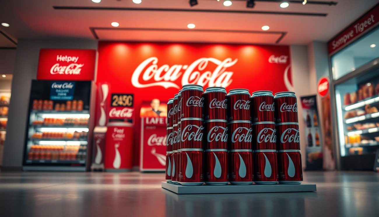 A vibrant and eye-catching Coca-Cola promotional display in a warm, inviting atmosphere. The foreground features a central stack of iconic Coca-Cola 330ml cans, arranged in a visually appealing manner. The middle ground showcases complementary Coca-Cola branding elements, such as sleek red-and-white signage and branded promotional materials. The background depicts a modern, well-lit retail setting, with clean lines and a touch of sophistication. The overall composition conveys a sense of celebration, quality, and the irresistible allure of the Coca-Cola brand. Soft, diffused lighting creates a welcoming and enticing atmosphere, making this display an irresistible attraction for potential customers.