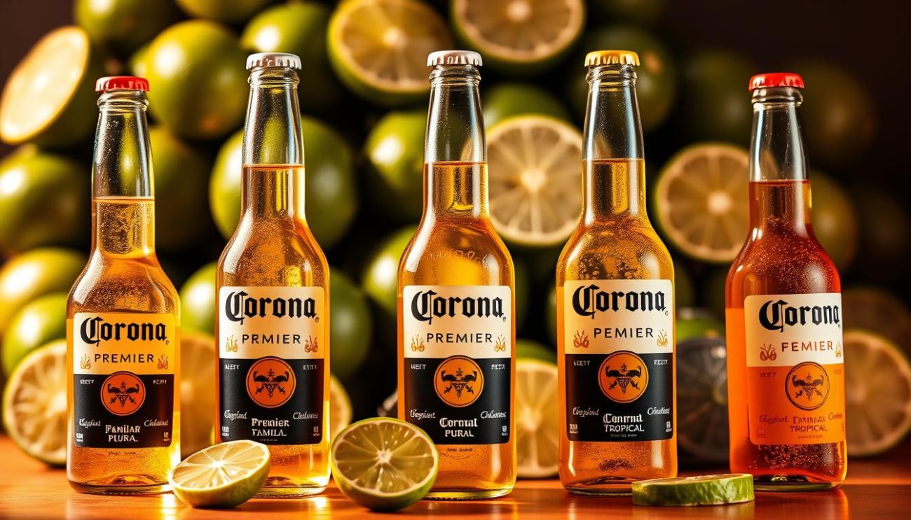 A vibrant and visually appealing display of the renowned Corona beer varieties. In the foreground, five bottles of Corona Extra, Corona Premier, Corona Familiar, Corona Pura, and Corona Tropical are artfully arranged, their distinct labels and branding prominently featured. The middle ground showcases a backdrop of fresh limes, sliced and ready to complement the crisp, refreshing flavor of the beers. The overall composition is bathed in warm, golden lighting, creating a welcoming and inviting atmosphere that captures the essence of the Corona brand. The image is captured from a slightly elevated angle, showcasing the products in a clean, modern, and visually striking manner.