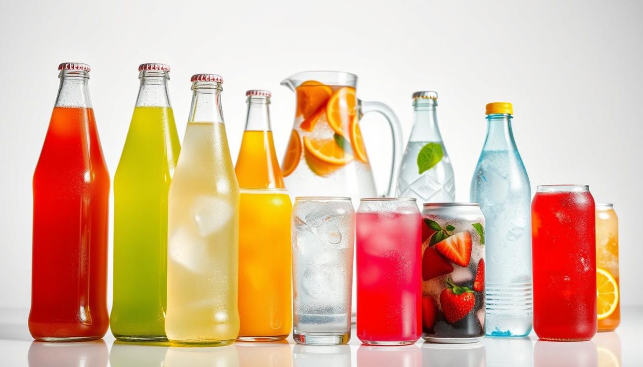 A vibrant arrangement of soft drinks and hydration beverages rests against a crisp, white backdrop. In the foreground, sleek glass bottles and cans of various flavors - from citrusy lemonades to refreshing fruit punches - catch the light, their condensation-beaded surfaces glistening. In the middle ground, taller glass carafes filled with iced tea and infused waters add depth and variety to the scene. The background features a subtle, yet elegant studio setup, with soft, diffused lighting accentuating the vivid colors and textures of the products. The overall mood is one of refreshment, quality, and a visually appealing representation of the diverse product range offered.