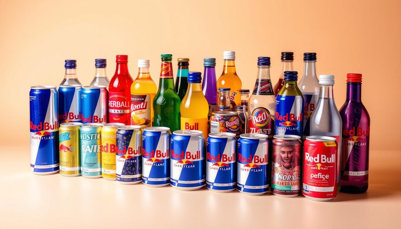 A vibrant arrangement of various Red Bull cans and bottles, showcasing the diverse flavors and variants available. The cans and bottles are neatly displayed on a clean, neutral background, with soft, warm lighting illuminating the vibrant colors and designs. The scene conveys a sense of variety, quality, and the wide selection of Red Bull products. The cans and bottles are arranged in a visually appealing, symmetrical layout, capturing the viewer's attention and highlighting the breadth of the Red Bull product line. The image effectively illustrates the "Información sobre las variedades de Red Bull disponibles" section of the article.