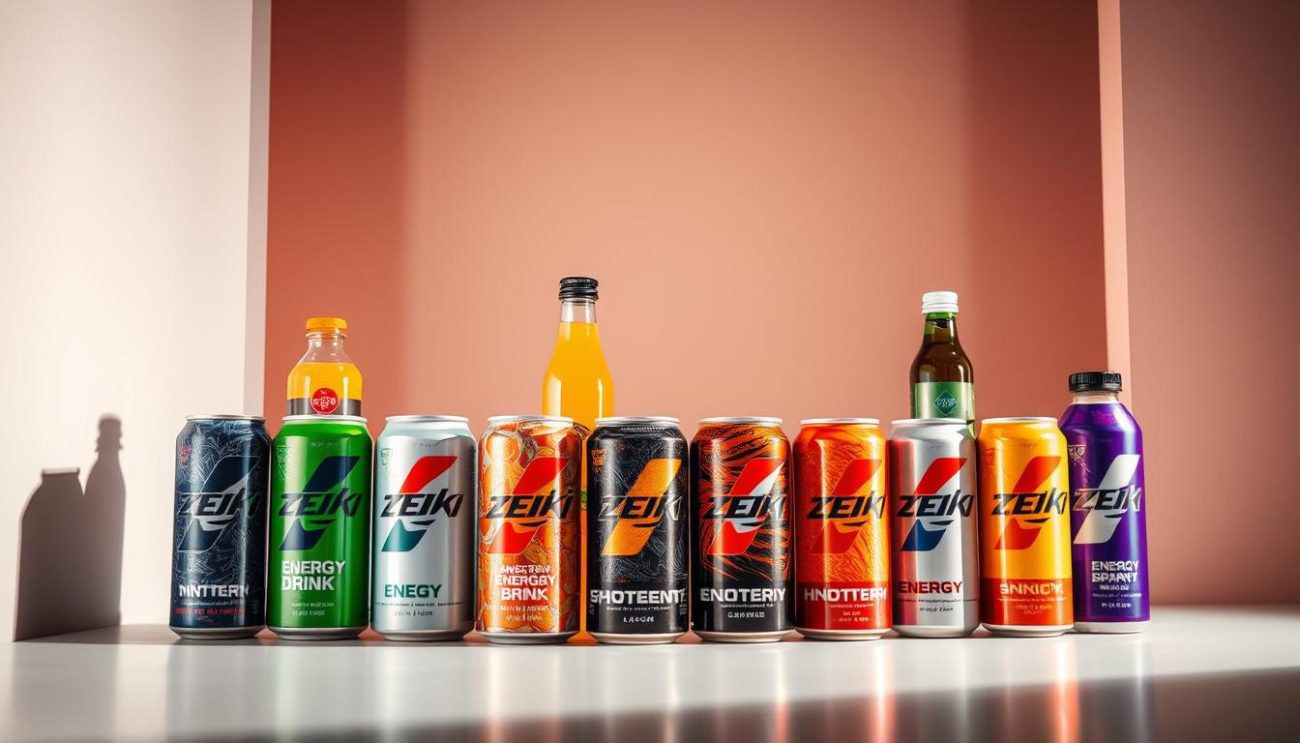 A vibrant arrangement of various energy drink cans and bottles, meticulously placed against a sleek, minimalist background. The cans are strategically positioned to highlight their unique designs and colors, casting subtle shadows that add depth and dimension to the scene. The lighting is soft and directional, creating a warm, inviting atmosphere that showcases the dynamic nature of the energy drink products. The camera angle is slightly elevated, providing a clear, unobstructed view of the entire display. The overall composition is clean, balanced, and visually captivating, perfectly suited to showcase the diverse "Product Range" of the High Protein Drink Manufacturer Zeki Frucht GmbH.
