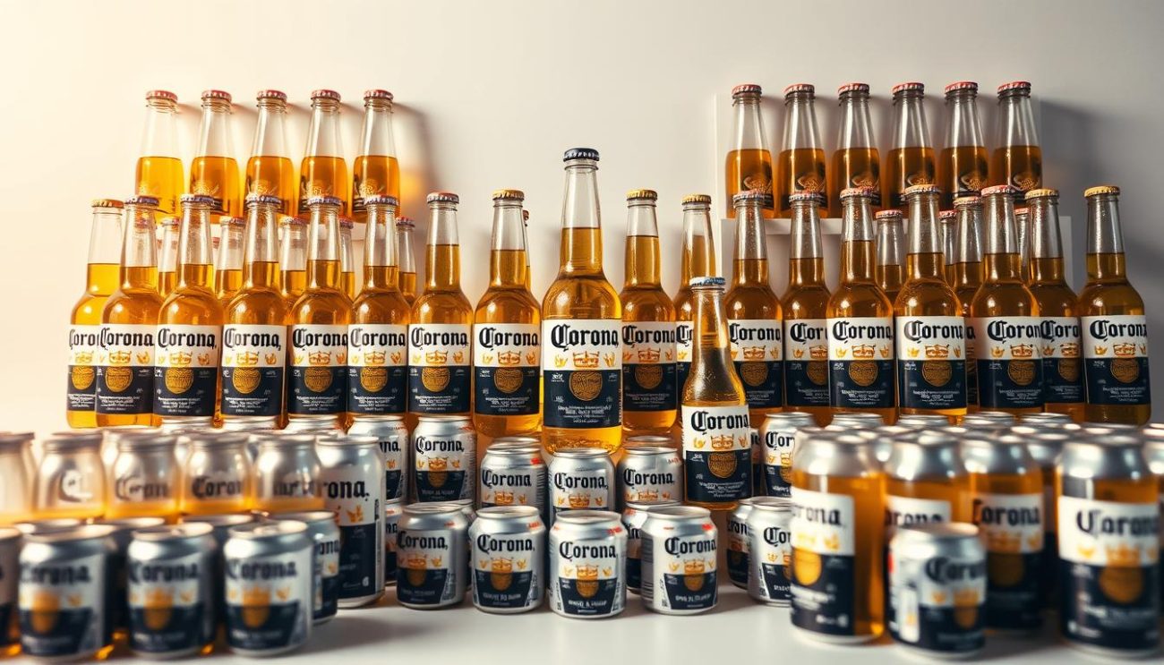 A vibrant array of Corona beer bottles and cans, arranged in a visually striking display against a clean, minimalist background. The bottles and cans are depicted with meticulous detail, capturing the iconic branding and subtle reflections of light on the glass and metal surfaces. The image has a balanced, symmetrical composition, with the products arranged in an eye-catching, organized pattern that highlights their abundance and availability. The lighting is soft and diffused, creating a warm, inviting atmosphere that complements the refreshing, summery nature of the Corona brand. The overall tone of the image conveys a sense of quality, quantity, and accessibility, reflecting the idea of purchasing Corona beer in large quantities.