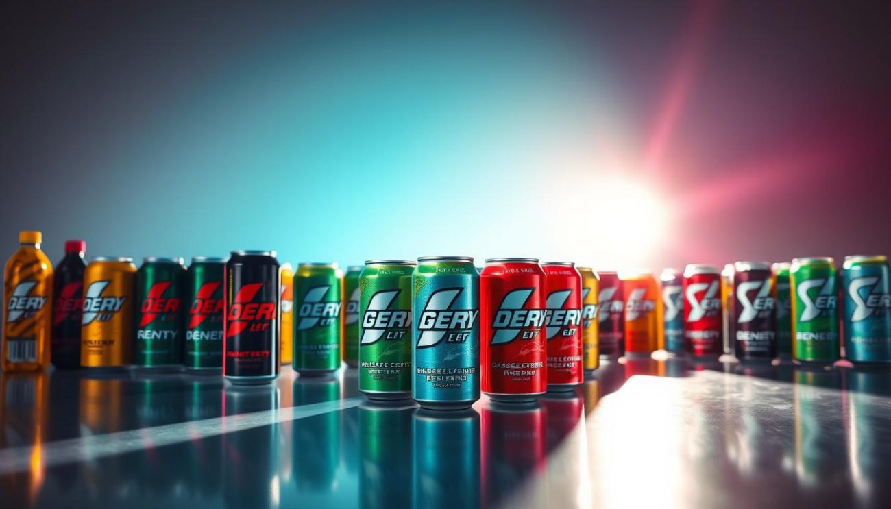 A vibrant array of energy drink cans and bottles, meticulously arranged on a sleek, reflective surface. The cans feature bold, dynamic designs in a variety of colors, emanating an energetic and refreshing atmosphere. The foreground is sharply in focus, with the middle ground blurring into a softly-lit, minimalist background, creating a sense of depth and emphasizing the product's central role. Dramatic, directional lighting casts dynamic shadows, enhancing the three-dimensional quality of the arrangement. The overall composition conveys the reliable availability and high-quality of the energy drinks, perfectly suited to illustrate the "Product Categories" section.