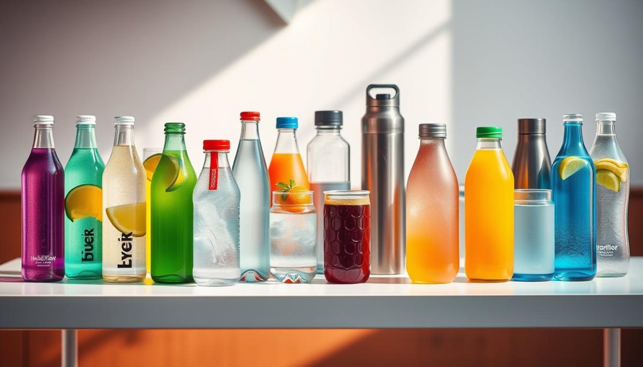 A vibrant array of hydration beverages arranged on a sleek, minimalist table. In the foreground, a collection of glass bottles and cans in various hues, including crisp mineral waters, refreshing fruit juices, and electrolyte-infused sports drinks. The middle ground features a selection of reusable water bottles and tumblers, their modern designs complementing the overall aesthetic. The background is softly blurred, creating a sense of depth and focus on the beverage selection. The lighting is natural, with soft shadows and highlights accentuating the sheen and transparency of the liquids. The overall mood is one of health, vitality, and a commitment to sustainable hydration solutions.