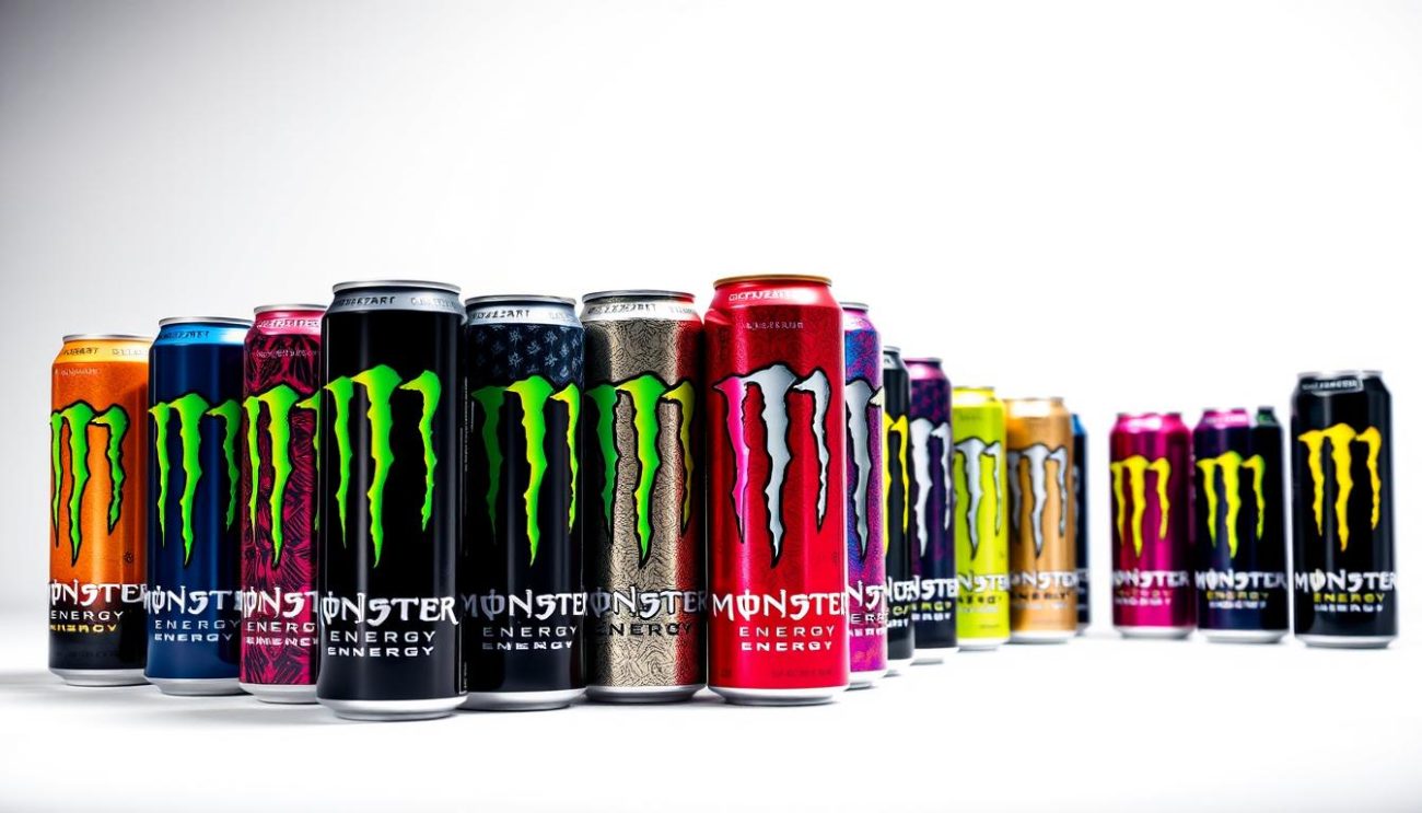 A vibrant assortment of Monster Energy cans, artfully arranged in a dynamic, well-lit studio setting. The cans feature a diverse range of bold, eye-catching designs and color palettes, capturing the dynamic and energetic spirit of the Monster Energy brand. The cans are positioned in the foreground, with a clean, white background that allows the products to take center stage. Subtle, directional lighting accentuates the metallic sheen and contours of the cans, creating a sense of depth and dimensionality. The overall composition conveys a sense of premium quality, variety, and the wide-ranging appeal of Monster Energy products available for wholesale distribution.