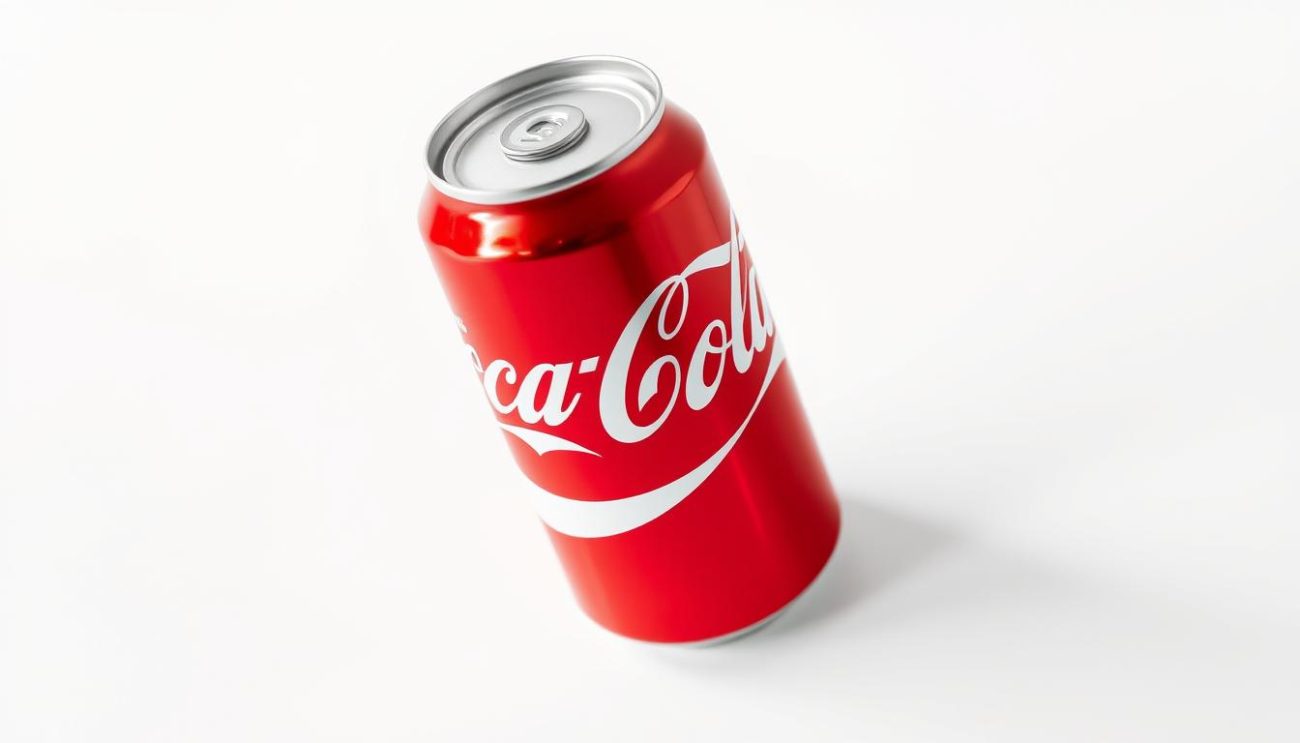 A vibrant close-up shot of a chilled Coca-Cola 330ml can, prominently displayed on a clean, minimalist white background. The can's iconic red and white branding shines with a glossy, reflective finish, creating a sense of premium quality. Soft shadows accentuate the can's contours, suggesting a studio lighting setup with a gentle, even illumination. The can is angled slightly, creating a dynamic, inviting composition that draws the viewer's attention to the product. The overall mood is one of sophistication, refreshment, and consumer appeal, capturing the essence of the "Coca-Cola 330ml a granel na Europa - Melhores Ofertas" experience.