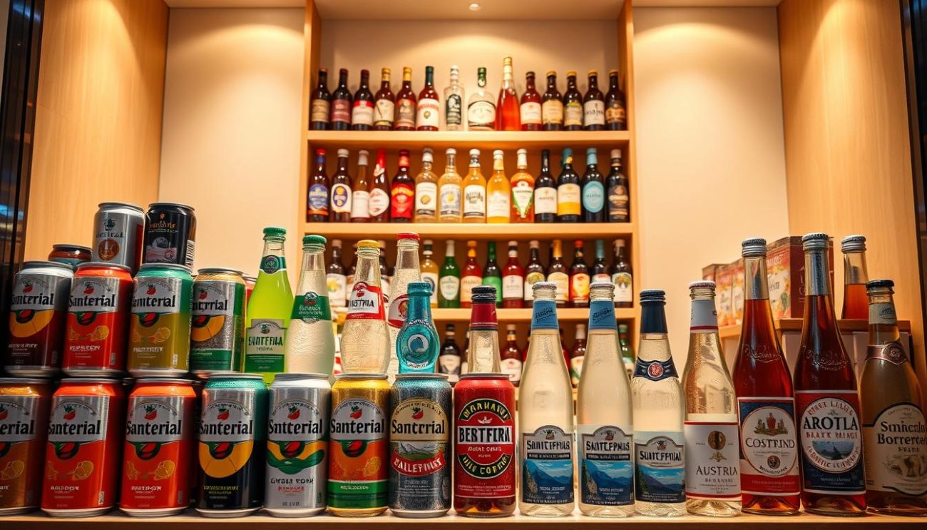 A vibrant display of Austrian beverage imports, featuring an array of sleek cans and bottles nestled in a well-lit, modern storefront. The foreground showcases a selection of energy drinks, juices, and sparkling waters, each label meticulously designed with bold, colorful branding. In the middle ground, wooden shelves hold a diverse range of specialty sodas and mixers, their labels showcasing the rich heritage and traditions of Austria. The background frames this dynamic scene with a clean, minimalist backdrop, emphasizing the high-quality, premium nature of the products. Warm, directional lighting casts a subtle glow, creating a welcoming, upscale atmosphere that invites the viewer to explore the unique flavors and offerings of Austria's thriving beverage industry.