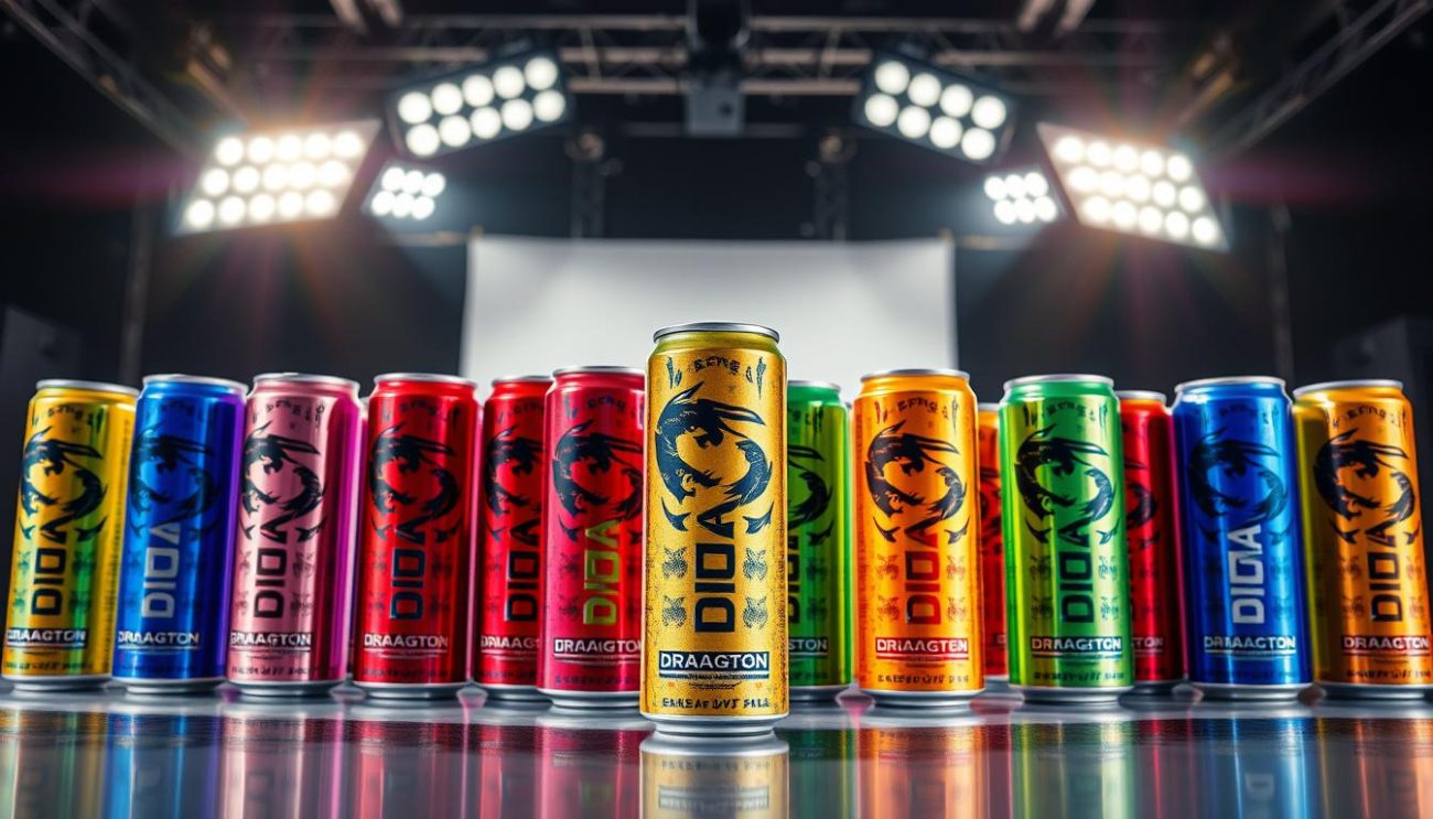 A vibrant display of Dragon Energy Drink variants, captured in a high-quality, professionally-lit studio setting. In the foreground, an array of sleek, metallic cans in various bold, eye-catching colors, reflecting the dynamic and energetic essence of the brand. The middle ground features a dynamic, dramatic lighting setup, creating a sense of power and intensity. In the background, a clean, minimalist backdrop allows the products to take center stage, showcasing their premium, high-end aesthetic. The overall composition and attention to detail convey the exceptional quality and distinctive character of this exceptional line of energy drinks.