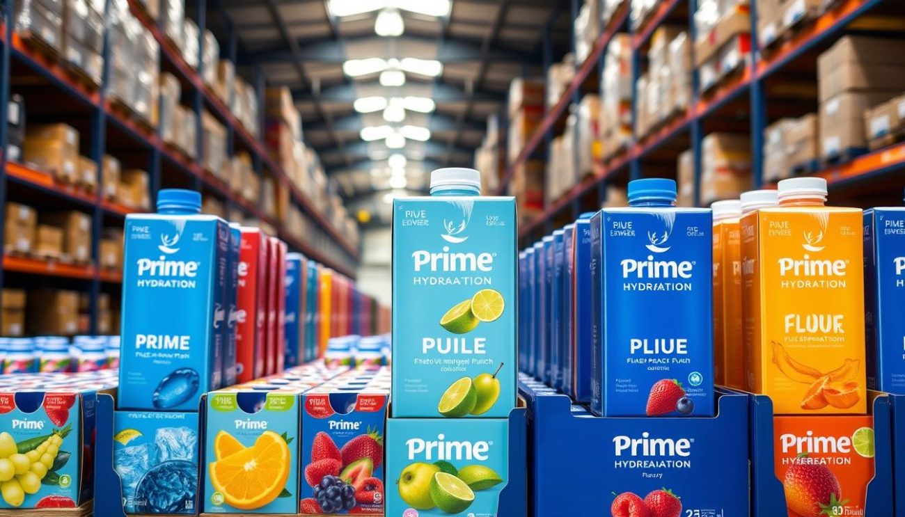A vibrant display of Prime Hydration flavor varieties, meticulously arranged in an impeccable warehouse setting. Rows of neatly stacked cases showcase the diverse range of flavors, from the bold Blue Raspberry to the refreshing Tropical Punch. The lighting casts a warm, inviting glow, highlighting the sleek, modern packaging that beckons the viewer to indulge in these premium hydration solutions. In the background, the orderly shelves and pristine surroundings convey a sense of quality and reliability, ready to be shipped to discerning customers across Europe.