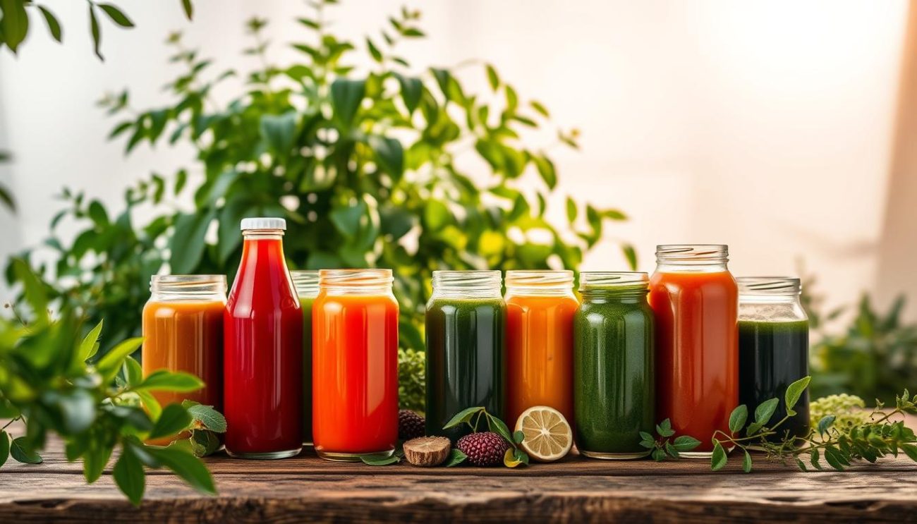 A vibrant display of organic superfood beverages, captured in a natural, earthy setting. In the foreground, an assortment of glass bottles and jars filled with vibrant, nutrient-dense liquids in hues of green, red, and orange, arranged artfully on a rustic wooden table. The middle ground features lush, verdant foliage, with delicate leaves and stems framing the scene. In the background, a softly-lit, airy environment evokes a sense of purity and wellness, emphasizing the wholesome nature of the beverages. Warm, diffused lighting casts a gentle glow, creating a serene and inviting atmosphere. The overall composition conveys a feeling of natural, holistic nourishment, perfectly suited to illustrate the "Frequently Asked Questions" section of the article on Zeki Frucht GmbH's specialty superfood imports.