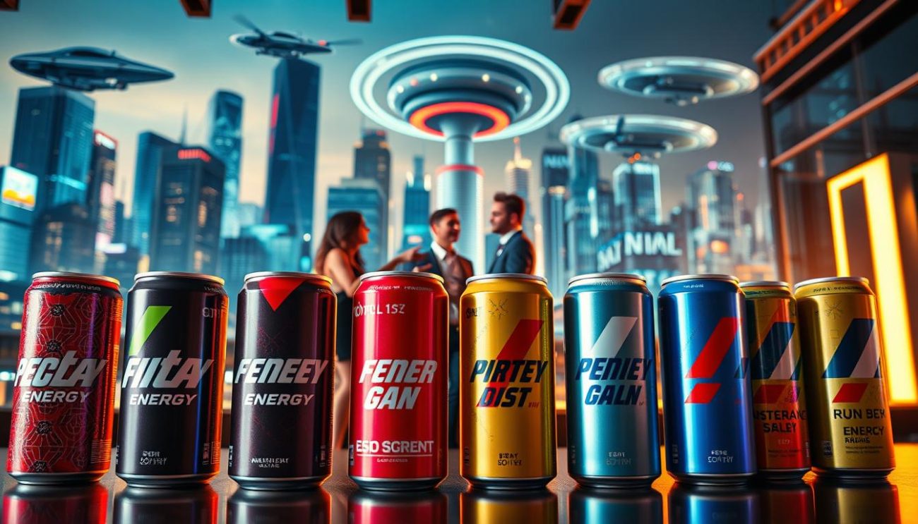 A vibrant, dynamic scene showcasing tailored energy drink solutions for diverse market segments. In the foreground, an array of sleek, customizable beverage cans, each adorned with distinct branding and packaging designs. The middle ground features a team of professionals collaborating, gesturing towards holographic displays that illustrate consumer insights and segmentation strategies. In the background, a bustling, futuristic cityscape with skyscrapers and hovercraft, conveying a sense of innovation and progress. Warm, vibrant lighting illuminates the scene, creating an atmosphere of energy, creativity, and forward-thinking. Captured through a wide-angle lens with a shallow depth of field, drawing the viewer's attention to the carefully crafted, tailored solutions.