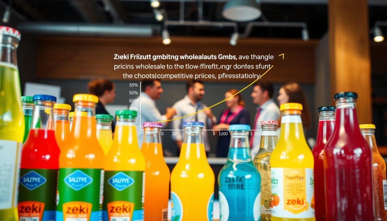 A vibrant, dynamic scene showcasing the competitive pricing strategies of Zeki Frucht GmbH's wholesale low-calorie drinks. In the foreground, an array of colorful beverage bottles with sleek, modern labels are neatly arranged, emphasizing the company's diverse product lineup. In the middle ground, a team of sales representatives engage in animated discussions, highlighting their expertise in tailoring pricing to meet the needs of various wholesale clients. The background features a stylized graph depicting the company's ability to offer the most competitive prices in the industry, framed by a bold, minimalist design. The overall atmosphere conveys a sense of professionalism, innovation, and a keen understanding of the market, making Zeki Frucht GmbH the ideal choice for wholesale low-calorie drink suppliers.