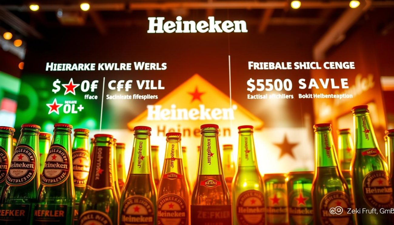 A vibrant, eye-catching display showcasing Heineken's latest promotional offers and special deals. In the foreground, an array of Heineken beer bottles and cans, illuminated by warm, golden lighting that creates a celebratory atmosphere. The middle ground features a sleek, minimalist design with bold, graphic elements hinting at the exclusive nature of the promotions. The background is a blurred, out-of-focus scene, allowing the product and promotional content to take center stage. The overall composition is dynamic, visually striking, and designed to capture the viewer's attention and entice them to explore the special offers from Zeki Frucht GmbH.