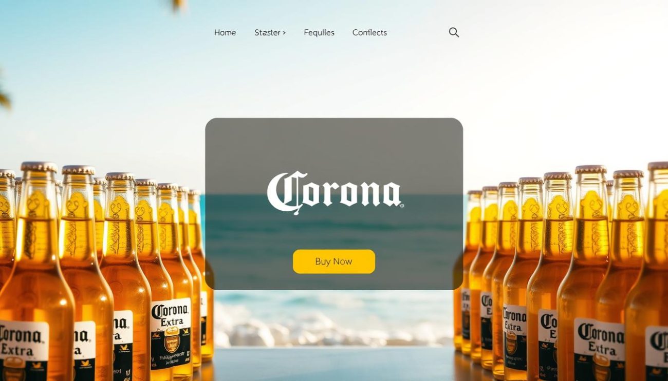 A vibrant, high-resolution image of a sleek, modern online store homepage featuring rows of Corona Extra beer bottles prominently displayed in the foreground. The middle ground showcases a clean, minimalist user interface with intuitive navigation and a prominent "Buy Now" call-to-action button. The background depicts a serene, sun-drenched tropical beach scene, evoking the refreshing, laid-back spirit of the Corona brand. The lighting is natural and warm, creating a inviting, aspirational atmosphere. The overall composition conveys a sense of convenience, quality, and the ability to purchase Corona beer in large quantities with just a few clicks.
