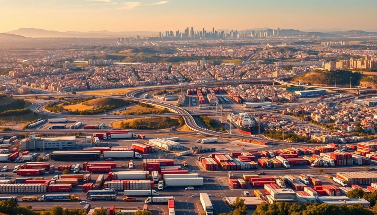 A vibrant, panoramic cityscape depicting the distribution networks of Spain. In the foreground, a bustling urban hub with warehouses, logistics hubs, and transportation nodes. Trucks, trains, and cargo ships converge, illustrating the efficient movement of goods across the country. The middle ground features a sprawling network of highways, railways, and distribution centers, weaving through rolling hills and valleys. In the background, the iconic architecture of Spain's major cities rises, framed by a warm, golden-hued sky. Precise, architectural lines and a sense of dynamic energy convey the scale and sophistication of Spain's comprehensive distribution strategies.