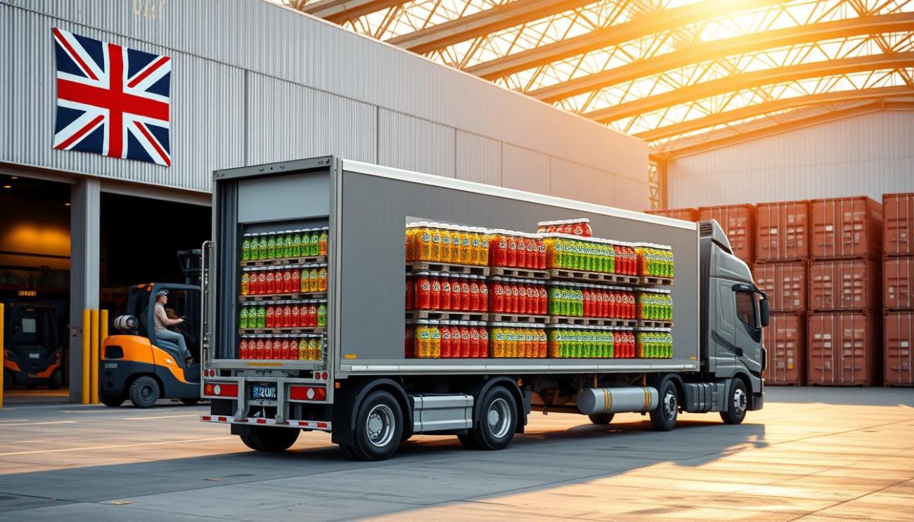 A vibrant panoramic image of a modern warehouse facility, its exterior adorned with the Union Jack flag. Forklifts gracefully maneuver pallets of colorful isotonic beverage bottles, ready for global export. The scene is bathed in warm, diffused lighting, creating a sense of efficiency and professionalism. In the foreground, a sleek, silver delivery truck waits to transport the goods, its rear doors open to reveal the meticulously organized cargo hold. The background showcases an array of shipping containers, their metallic surfaces gleaming under the afternoon sun, symbolizing the brand's international reach. The overall composition conveys the UK supplier's reliable and extensive export capabilities, primed to meet the demands of a global market.