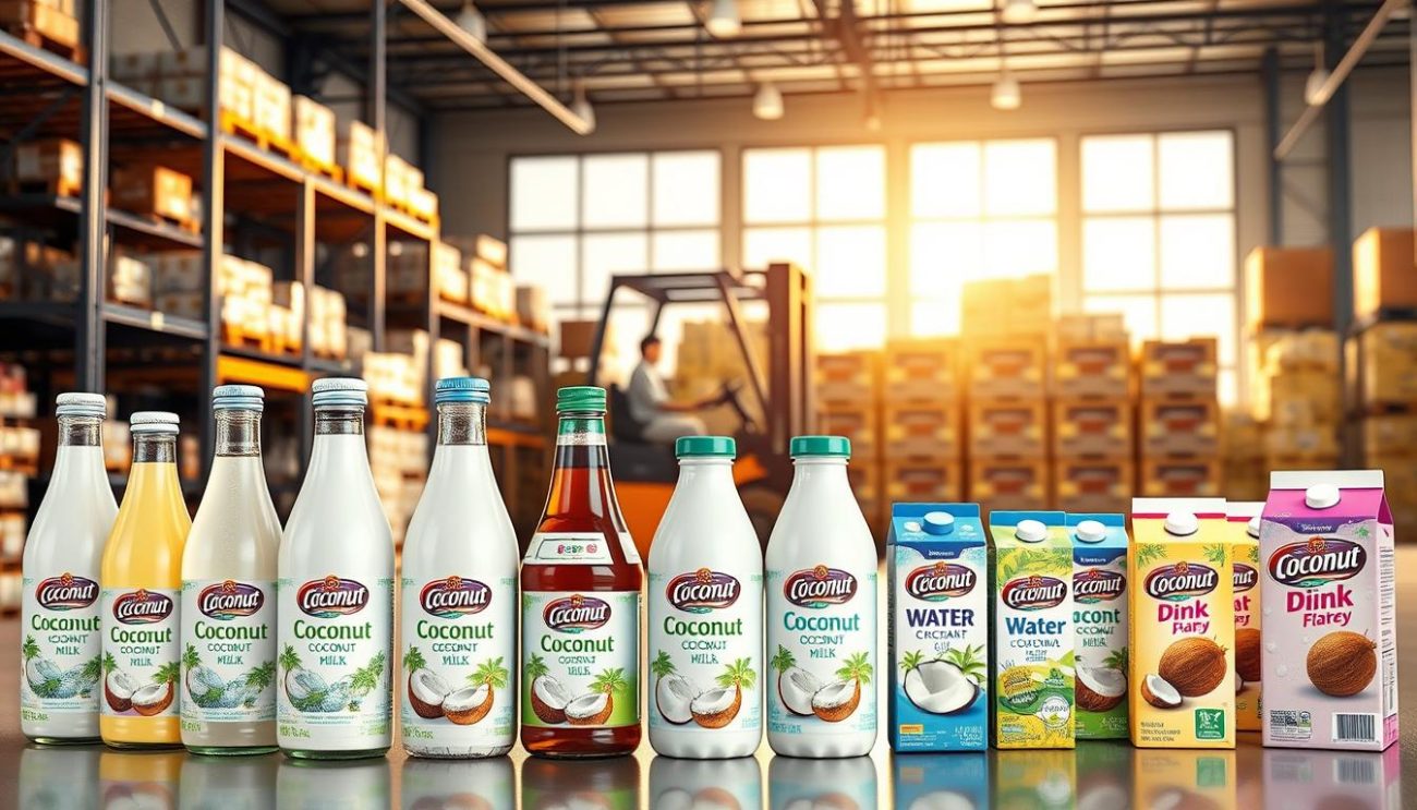A vibrant, photorealistic rendering of a coconut drink exporter's product range. In the foreground, an assortment of coconut milk and water beverages in various packaging - glass bottles, aluminum cans, and Tetra Pak cartons. The labels feature tropical graphics and the company's logo. In the middle ground, neatly stacked crates of coconut products, with a forklift in the background moving inventory. The scene is illuminated by warm, natural lighting, casting soft shadows and highlights on the products. The background depicts a modern, well-organized warehouse or distribution center, with shelving units and pallets of goods. The overall atmosphere conveys a sense of quality, efficiency, and the exporter's commitment to delivering premium coconut-based refreshments.