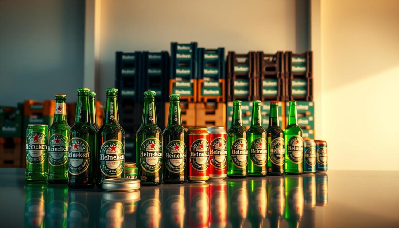 A vibrant still life capturing a variety of Heineken beer products in a wholesale distribution setting. In the foreground, an assortment of Heineken bottles and cans rests on a sleek, reflective surface, their emerald green and silver hues glistening under warm, directional lighting. In the middle ground, stacks of Heineken crates and cases are neatly arranged, suggesting a well-organized wholesale inventory. The background features a minimalist, industrial-style environment with a neutral color palette, emphasizing the focus on the Heineken products. The overall scene conveys a sense of quality, efficiency, and the availability of Heineken beer for wholesale distribution.