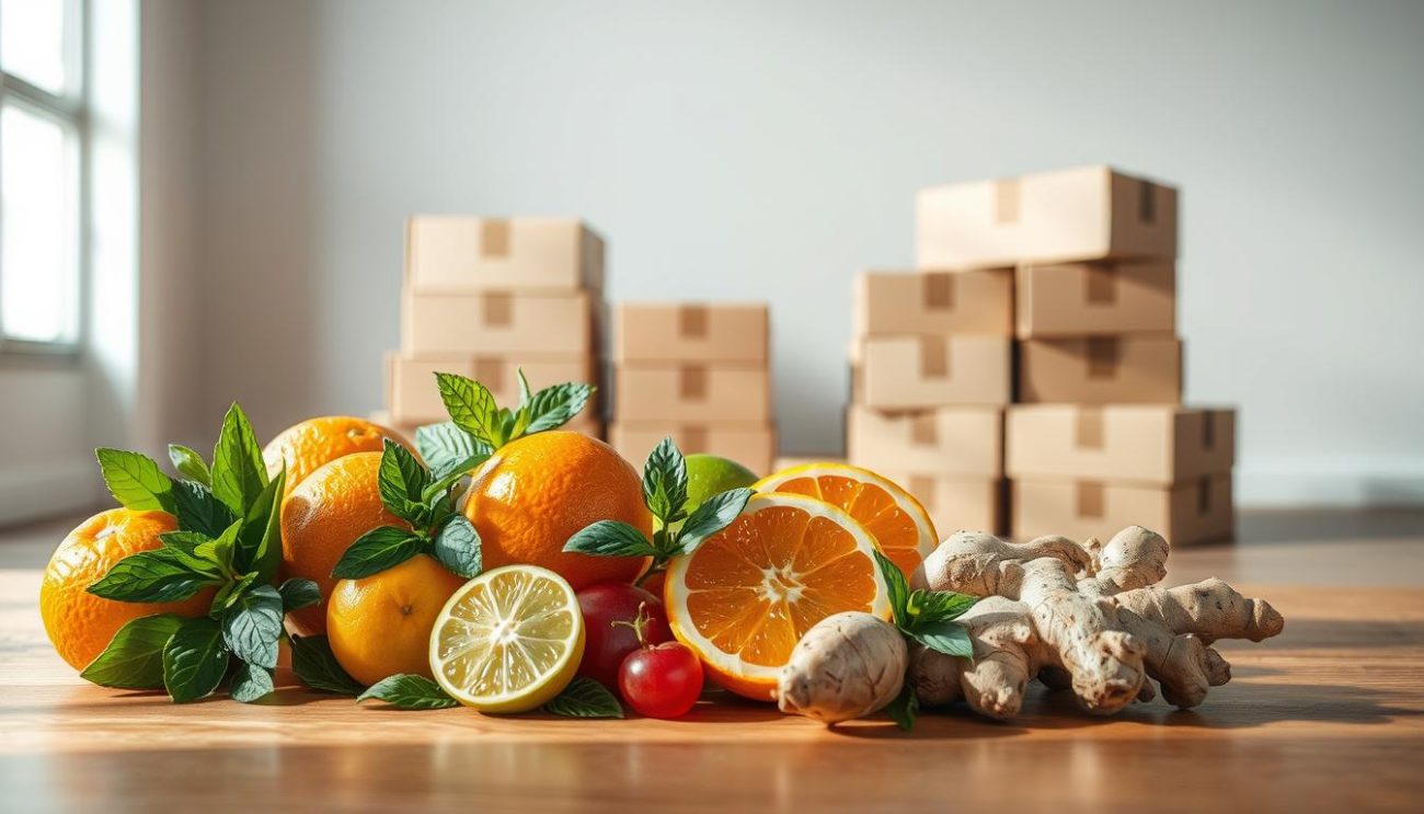 A vibrant still life composition showcasing the organic ingredients that make up a high-energy beverage. In the foreground, an array of colorful fruits and botanicals - juicy oranges, tangy limes, crisp mint leaves, and earthy ginger root - are artfully arranged atop a smooth, wooden surface. Soft, directional lighting casts warm shadows, accentuating the natural textures and hues. In the middle ground, towering stacks of sturdy cardboard boxes sit ready for shipment, hinting at the wholesale distribution process. The background features a clean, minimalist studio setting, providing a clean canvas to highlight the fresh, wholesome components of this dynamic energy drink.
