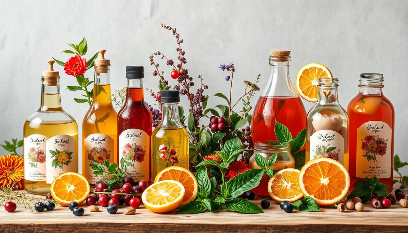 A vibrant still life of botanical infused beverages, meticulously crafted with natural ingredients. In the foreground, an array of glass bottles and jars filled with colorful tinctures, syrups, and tonics, their labels adorned with delicate floral motifs. The middle ground showcases fresh botanicals - fragrant herbs, vibrant berries, and aromatic citrus - artfully arranged to complement the hues of the beverages. A soft, diffused lighting bathes the scene, creating a warm, inviting atmosphere that highlights the natural beauty and purity of the products. The background features a subtle, textured backdrop, allowing the botanicals and beverages to take center stage. This captivating display conveys the essence of a trusted, high-quality supplier of botanical infused beverages.