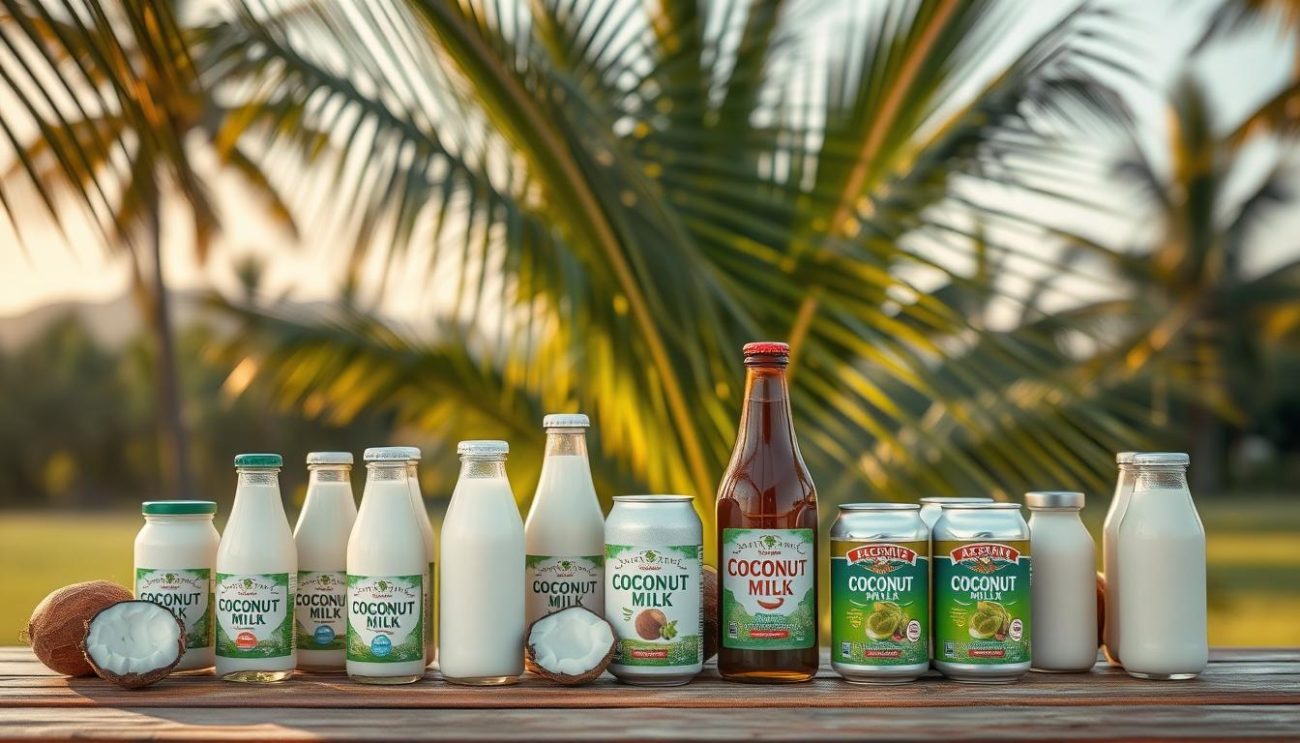 A vibrant still life scene showcasing an assortment of export-ready coconut milk drinks. In the foreground, glass bottles and aluminum cans containing rich, creamy coconut milk beverages are arranged artfully on a wooden table, their labels prominently displayed. The middle ground features lush, green coconut palm leaves casting gentle shadows, evoking a tropical ambiance. In the background, a softly blurred tropical landscape sets the scene, with a warm, golden-hour lighting that enhances the natural tones and textures of the products. The overall composition conveys a sense of quality, freshness, and the premium nature of these export-ready coconut milk drinks.