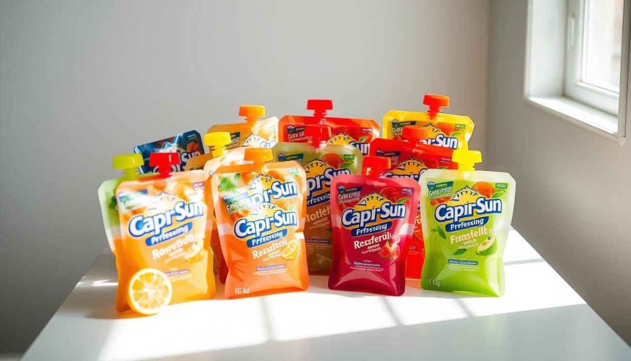 A vibrant still life showcasing an assortment of Capri-Sun juice pouches in a variety of colorful flavors. The pouches are artfully arranged on a clean, minimal tabletop, bathed in soft, natural lighting from a window to the side. The focus is on the diverse range of Capri-Sun products, with their distinctive packaging and enticing hues taking center stage. The scene conveys a sense of freshness, quality, and the refreshing experience of the Capri-Sun brand. The composition is balanced, highlighting the varied flavors and sizes of the Capri-Sun offerings in an appetizing and visually appealing manner.