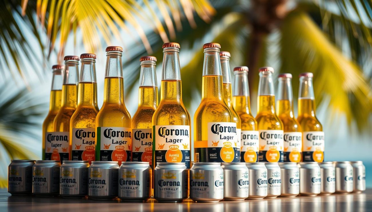 A vibrant still life showcasing an assortment of Corona beer bottles and cans in various sizes and packaging. The bottles are illuminated by warm, natural lighting, casting a golden glow on the transparent glass and the iconic lime-green labels. The cans are arranged in neat rows, their metallic surfaces reflecting the light. In the background, a soft, blurred tropical setting evokes a breezy, summery atmosphere. The composition emphasizes the diverse presentation options for this popular Mexican lager, inviting the viewer to imagine the different ways to enjoy the refreshing, citrusy flavor of Corona.