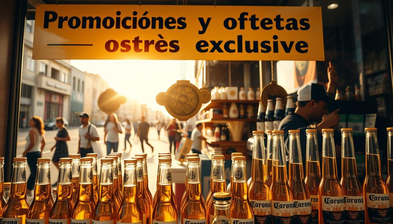 A vibrant, sun-drenched storefront featuring a prominent "Promociones y ofertas exclusivas" sign in bold, eye-catching lettering. In the foreground, an array of Corona beer bottles are neatly arranged, their labels glistening. The middle ground showcases an assortment of exclusive promotional items and deals, artfully displayed to entice the viewer. The background depicts a lively urban scene, with people passing by and the warm glow of the afternoon sun illuminating the entire composition. The overall atmosphere evokes a sense of celebration, inviting the viewer to explore the exclusive offers and promotions within.