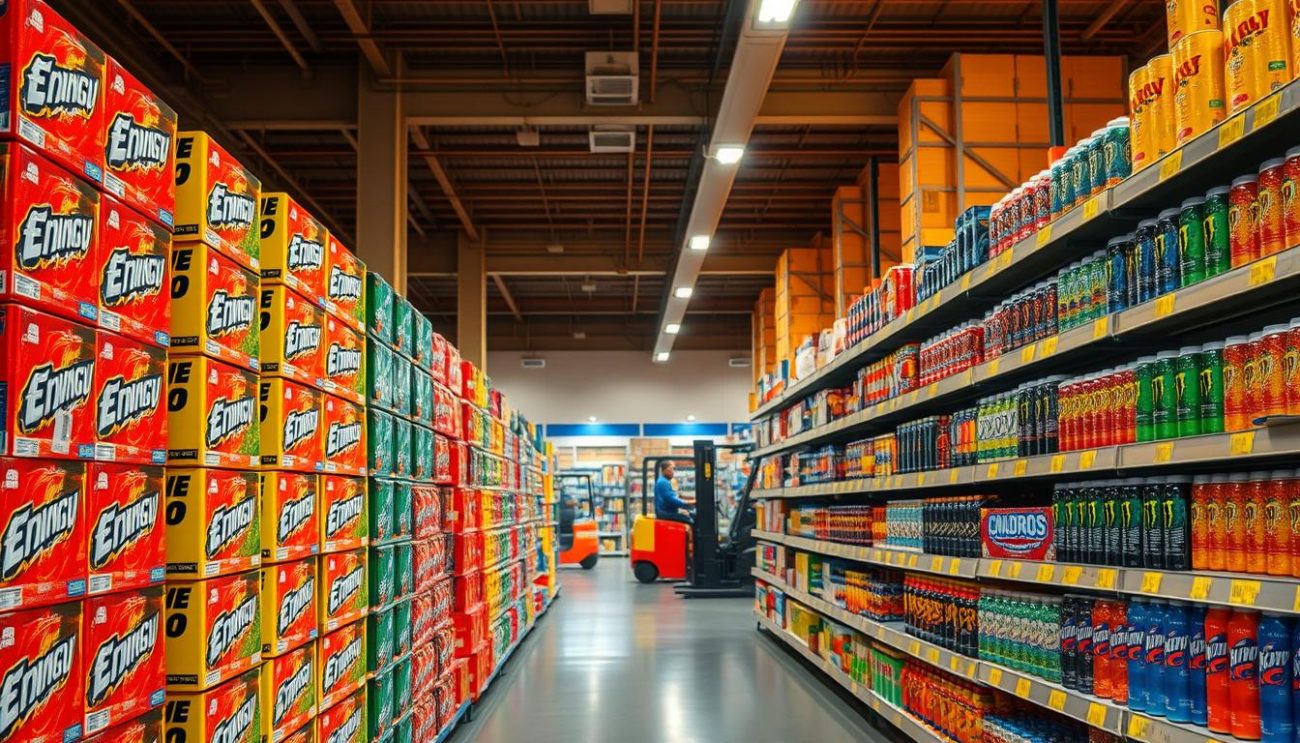 A vibrant supermarket aisle, bathed in warm, golden lighting that casts a cozy ambiance. In the foreground, towering stacks of energy drink cases, their labels popping with bold colors and dynamic designs, beckoning customers to explore. In the middle ground, shelves brimming with a diverse selection of energy drink brands, strategically arranged to catch the eye. The background features a clean, well-organized warehouse setting, with forklifts and workers efficiently loading the shelves, ensuring a constant supply of the in-demand energy drinks. The overall scene conveys a sense of energy, efficiency, and a dynamic retail environment tailored to meet the needs of the health-conscious, on-the-go supermarket shopper.