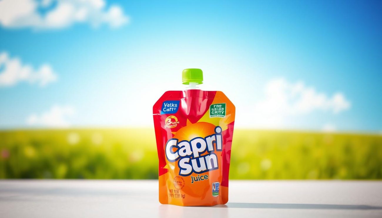 A vibrantly-colored Capri Sun juice pouch in the foreground, with a shiny metallic finish and a straw protruding from the top. In the middle ground, a blurred background showcases a lush, green meadow with a bright blue sky overhead, evoking a refreshing, summertime vibe. The lighting is soft and diffused, creating a warm, inviting atmosphere. The image is captured at a slight angle, adding depth and visual interest. The overall composition emphasizes the iconic Capri Sun packaging as the focal point, highlighting its key features in a clean, minimalist style.
