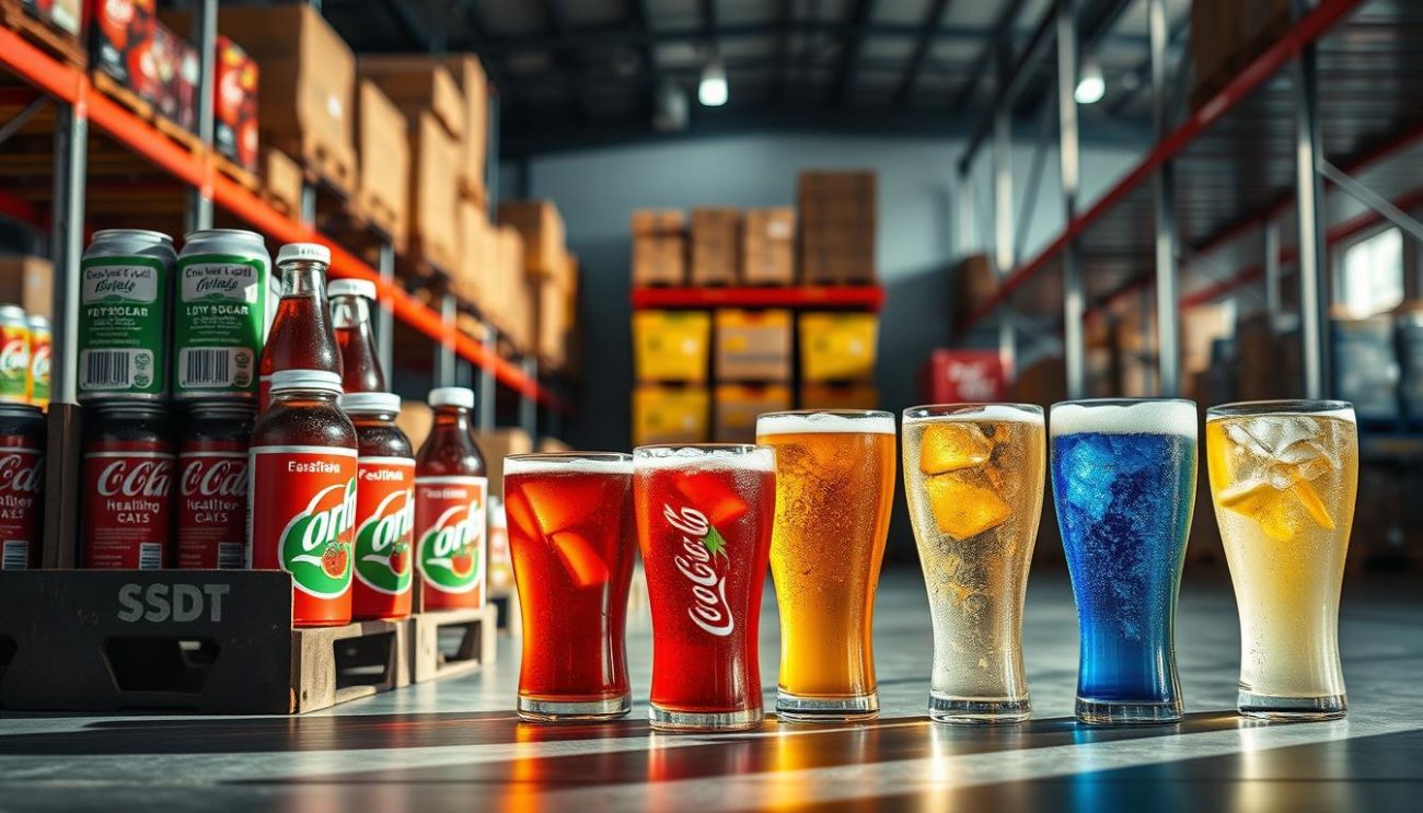 A visually-striking comparison of sugar levels in various soda options, shot in a clean, modern warehouse setting. The foreground showcases stacked crates of healthier, low-sugar sodas, their labels prominently displayed. The midground features transparent glasses filled with different sodas, their vivid colors and bubbles captured in crisp detail. The background depicts the warehouse's industrial shelving, with the soda crates ready for shipping. Dramatic side lighting casts long shadows, emphasizing the visual contrast between the sugary and health-conscious options. An authoritative, yet approachable tone that highlights the benefits of low-sugar soda alternatives.