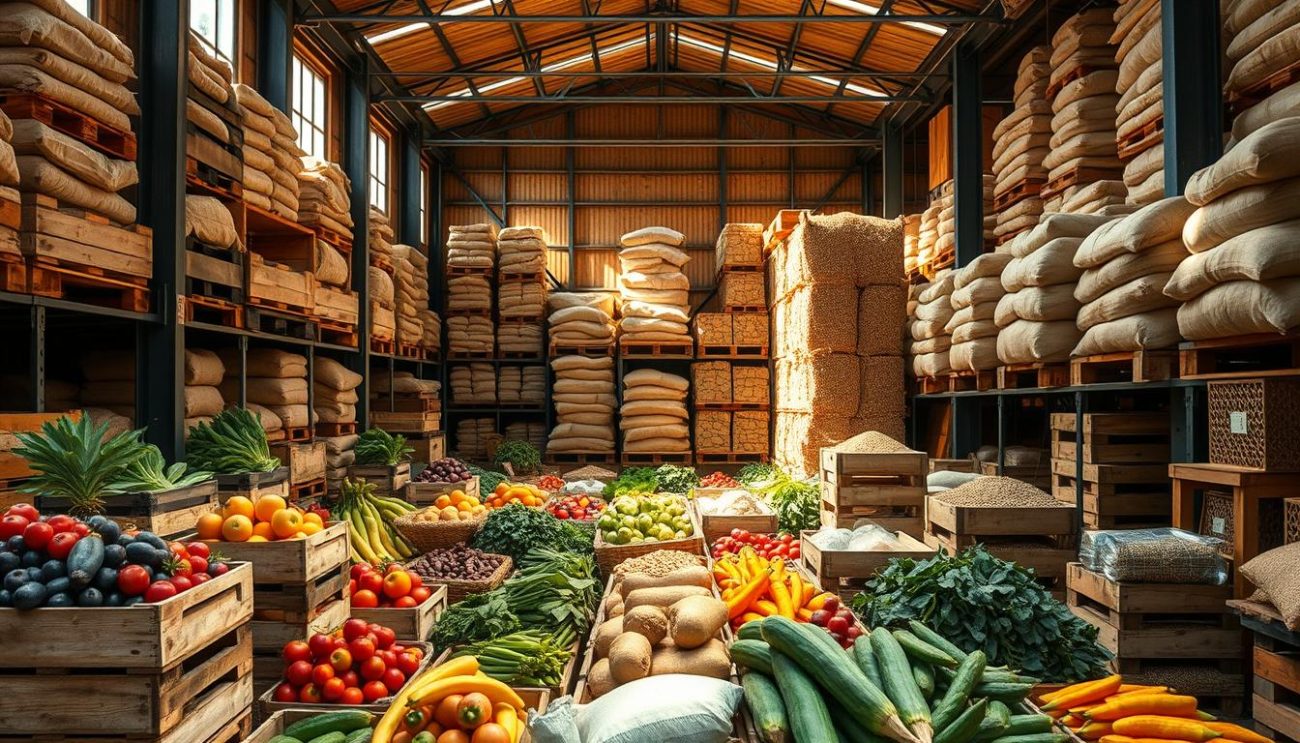 A warehouse filled with wooden crates and burlap sacks, housing a vibrant array of organic, sugar-free ingredients. Sunlight streams through the windows, casting a warm, natural glow over the scene. In the foreground, stacks of freshly harvested fruits and vegetables, their colors and textures bursting with vitality. In the middle ground, tall towers of whole grains and legumes, neatly organized and ready for distribution. The background showcases the industrial shelving and storage racks, hinting at the efficient logistics behind this sustainable, health-conscious operation. The overall atmosphere conveys a sense of quality, purity, and dedication to providing the best natural products to health-conscious consumers.