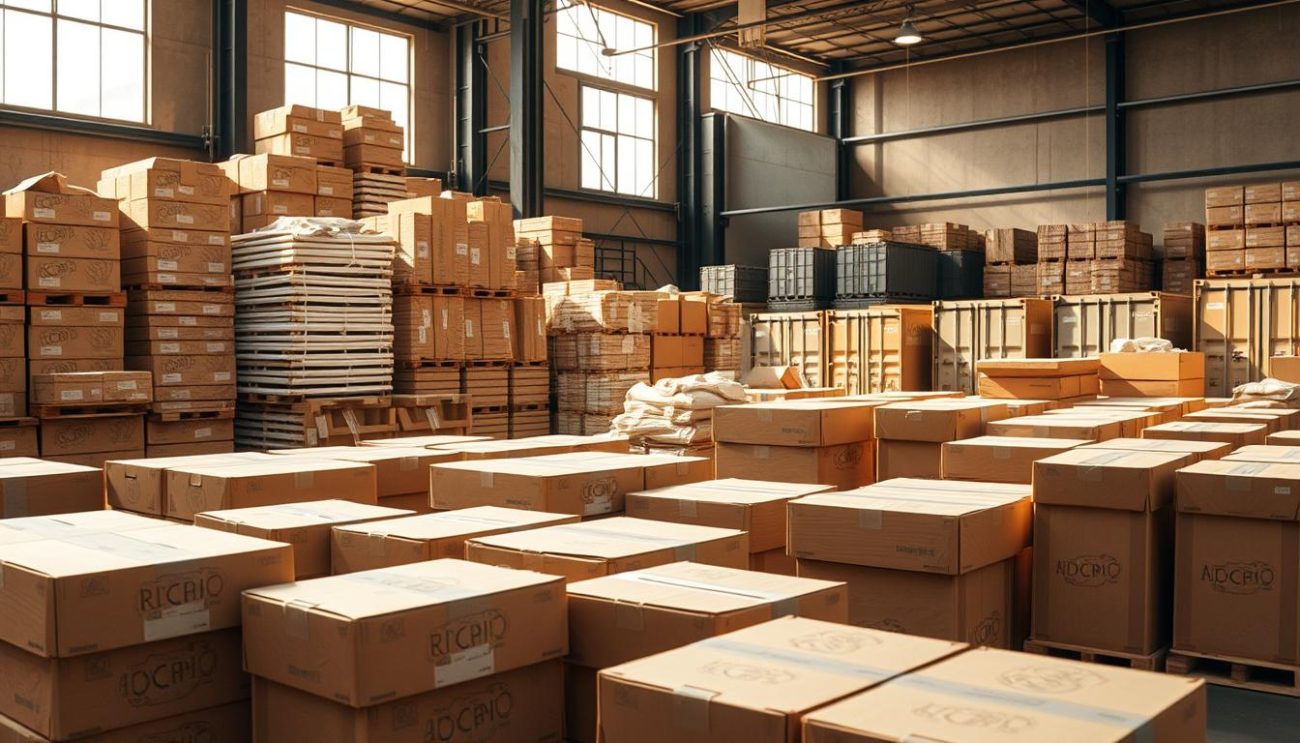 A warehouse full of sustainable packaging solutions, neatly stacked and ready for distribution. In the foreground, an array of recyclable cardboard boxes, their surfaces adorned with intricate patterns that evoke nature's rhythms. The middle ground features biodegradable packing materials, their soft, earthy tones complementing the overall eco-friendly aesthetic. In the background, a series of reusable shipping containers, their sleek designs hinting at the advanced technologies powering this sustainable logistics operation. Warm, natural lighting filters through large windows, casting a gentle glow and emphasizing the organic, environmentally-conscious nature of these packaging alternatives. The scene exudes a sense of harmony and responsibility, reflecting the commitment to reducing the environmental impact of consumer goods.
