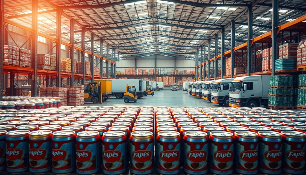 A warehouse interior bathed in warm, natural lighting. In the foreground, rows of neatly stacked crates of canned soda drinks, their vibrant labels gleaming. The middle ground reveals a fleet of delivery trucks, their exteriors pristine, ready to transport the beverages to their destinations. In the background, a panoramic view of the bustling distribution center, with forklifts deftly maneuvering pallets and workers efficiently overseeing the logistics. The scene conveys a sense of precision, efficiency, and the unwavering commitment to delivering superior quality beverages to export markets across Europe.
