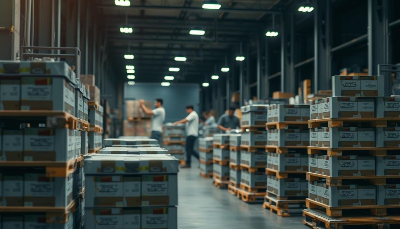 A warehouse interior, dimly lit with soft, diffused lighting. In the foreground, neatly stacked pallets of eco-friendly beverage packaging solutions made from recycled materials, their sleek designs and muted colors conveying a sense of sustainability. In the middle ground, workers carefully arranging and securing the packages, their movements precise and intentional. The background fades into the shadows, hinting at the larger logistics and distribution network that supports this environmentally conscious supply chain. The overall atmosphere is one of efficiency, responsibility, and a commitment to reducing the carbon footprint of the beverage industry.