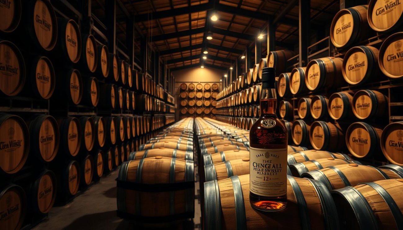 A warehouse interior, dimly lit with warm, golden hues. Rows of oak barrels, each emblazoned with distinct brand logos, stretch out into the distance. In the foreground, a single barrel stands prominently, its label showcasing a premium whisky brand. The atmosphere is one of quality, heritage, and the anticipation of savoring a fine spirit. Soft shadows cast by the barrels create depth and texture, while the overall composition conveys a sense of scale and the magnitude of a bulk order. The camera angle is slightly elevated, providing a comprehensive view of the scene.